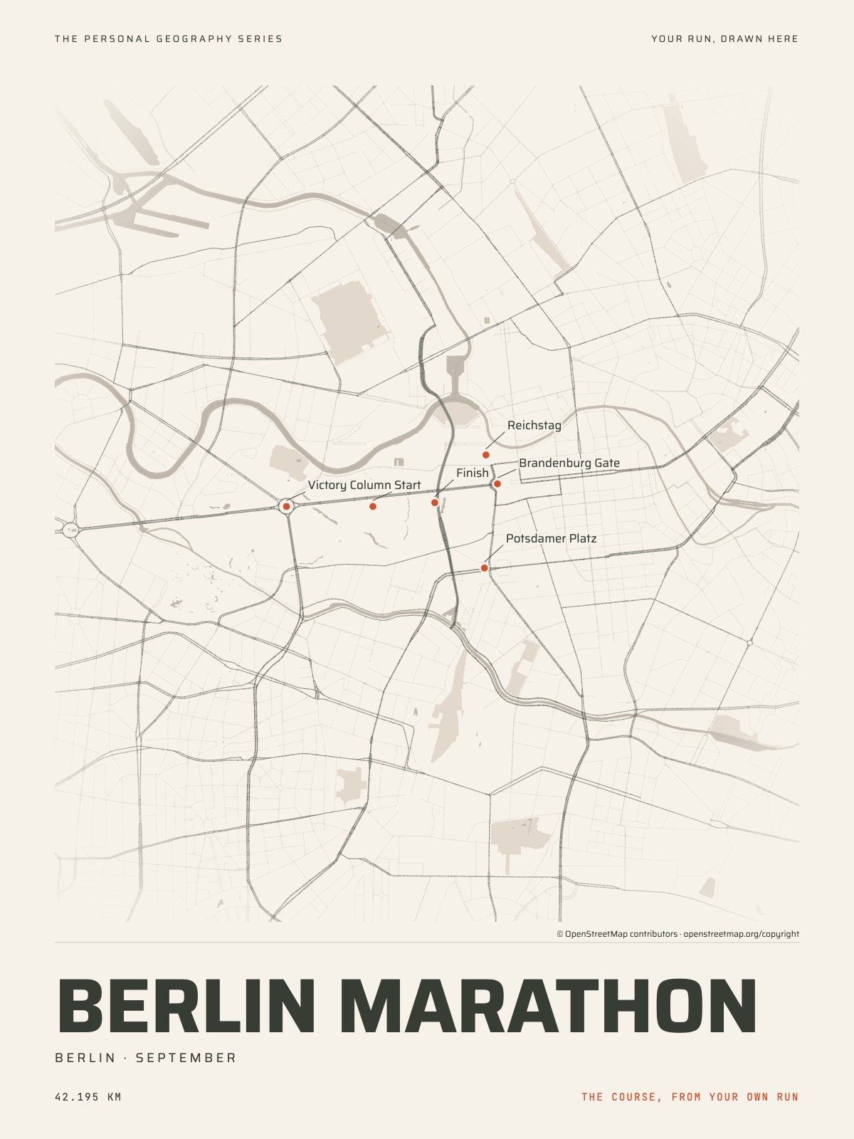The streets of Berlin with the start, the finish and the landmarks of the Berlin Marathon, on the print’s paper