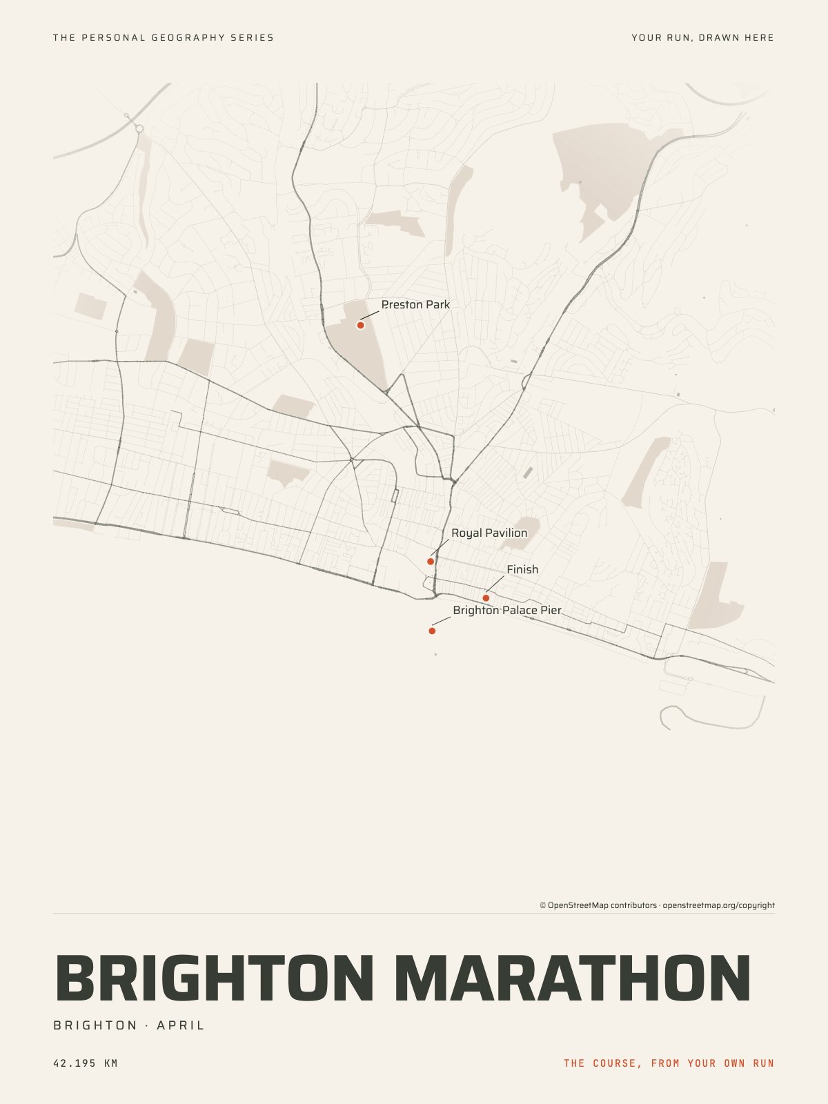 The streets of Brighton with the start, the finish and the landmarks of the Brighton Marathon, on the print’s paper