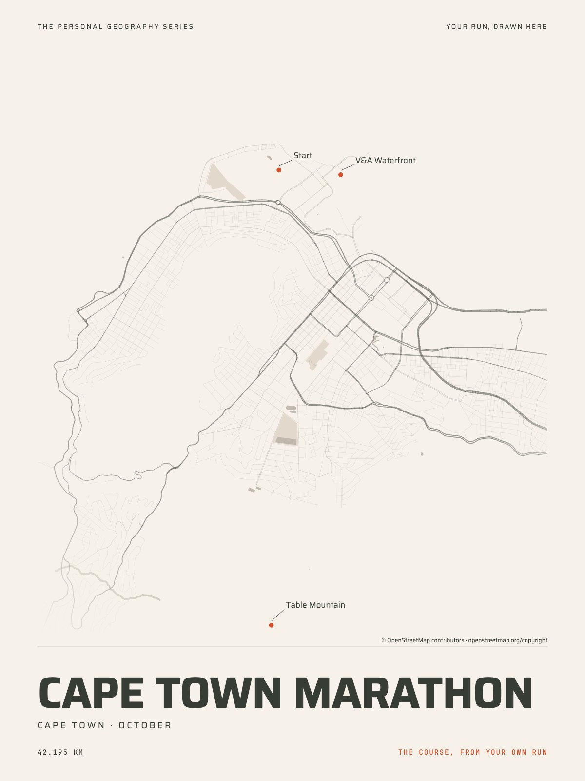 The streets of Cape Town with the start, the finish and the landmarks of the Cape Town Marathon, on the print’s paper