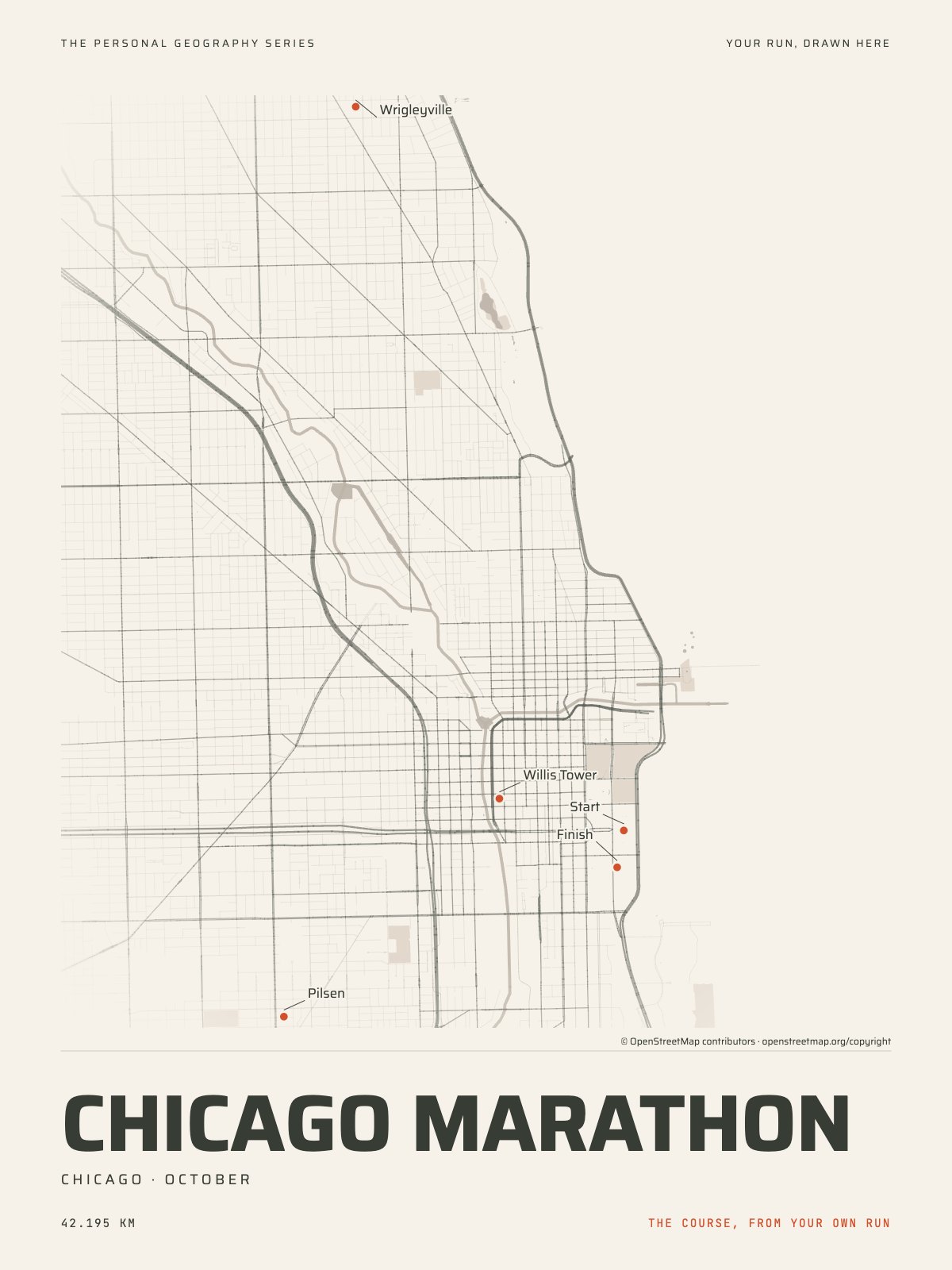 The streets of Chicago with the start, the finish and the landmarks of the Chicago Marathon, on the print’s paper