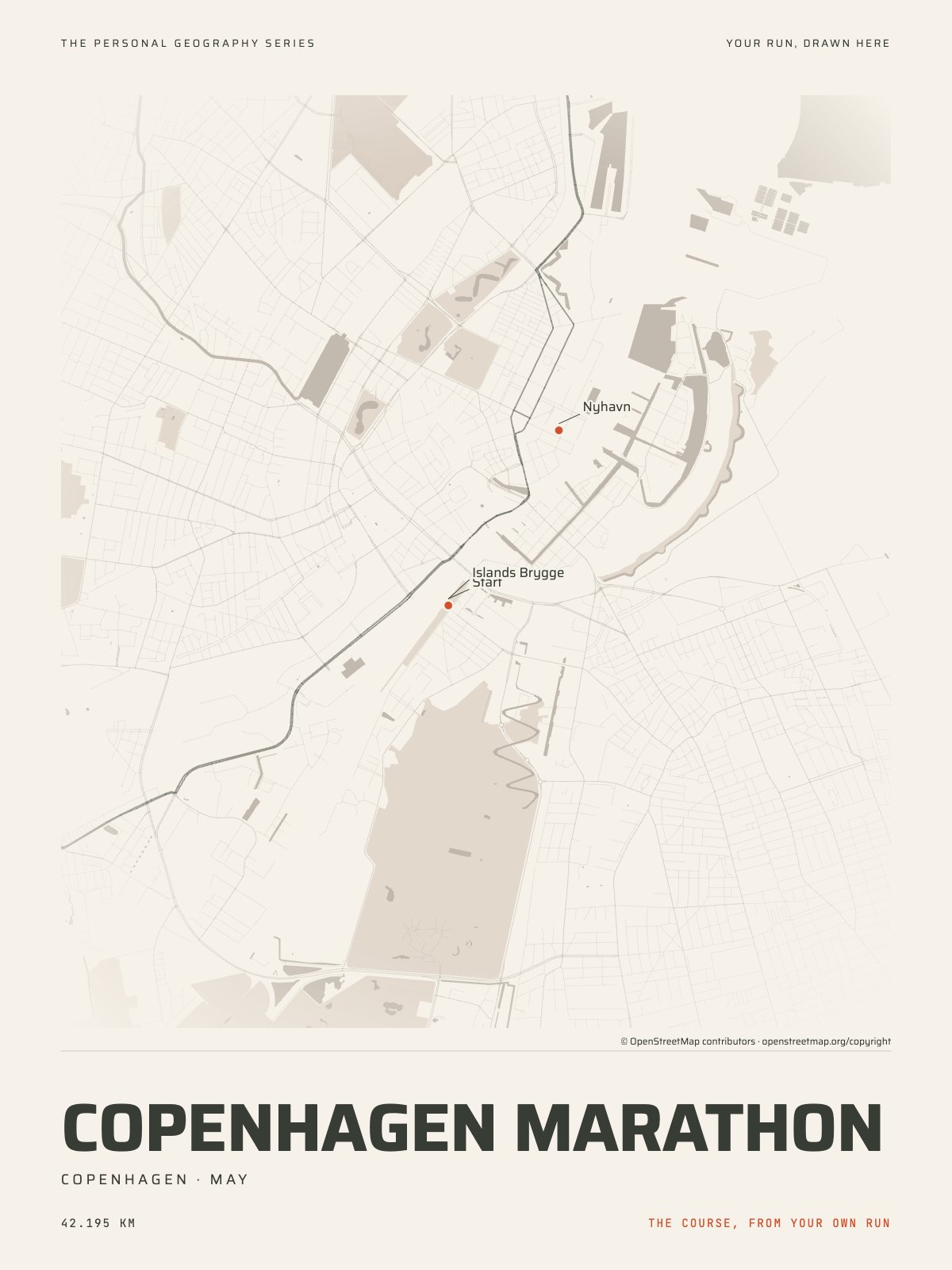 The streets of Copenhagen with the start, the finish and the landmarks of the Copenhagen Marathon, on the print’s paper