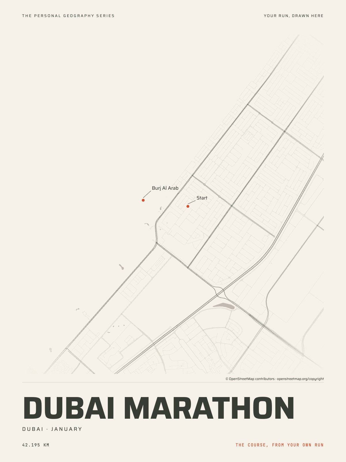 The streets of Dubai with the start, the finish and the landmarks of the Dubai Marathon, on the print’s paper