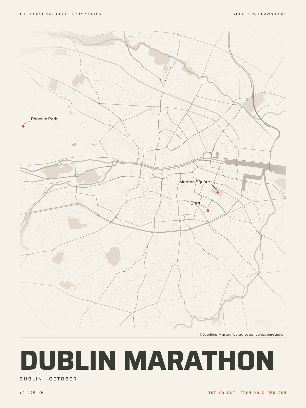 The streets of Dublin with the start, the finish and the landmarks of the Dublin Marathon, on the print’s paper