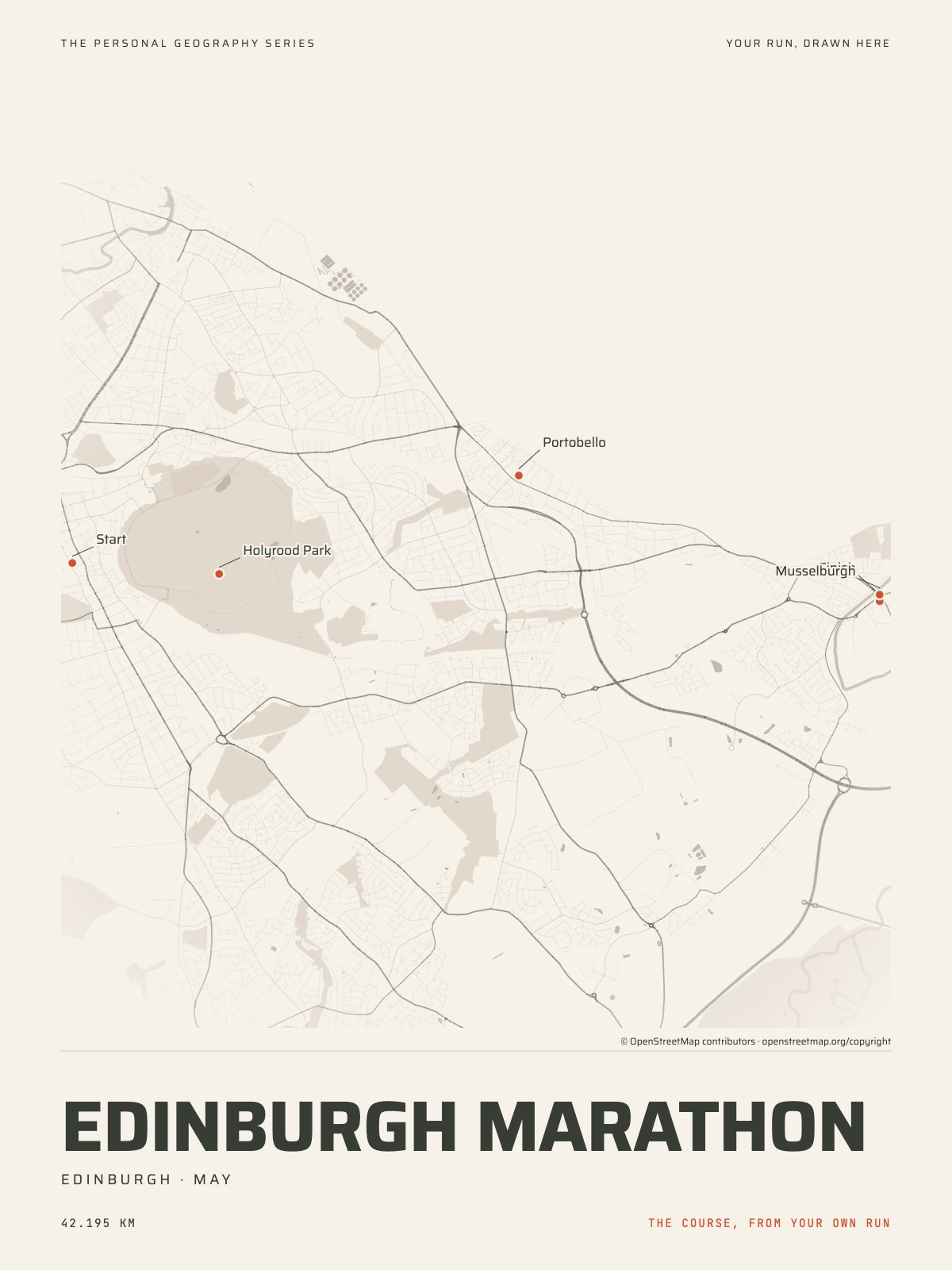The streets of Edinburgh with the start, the finish and the landmarks of the Edinburgh Marathon, on the print’s paper