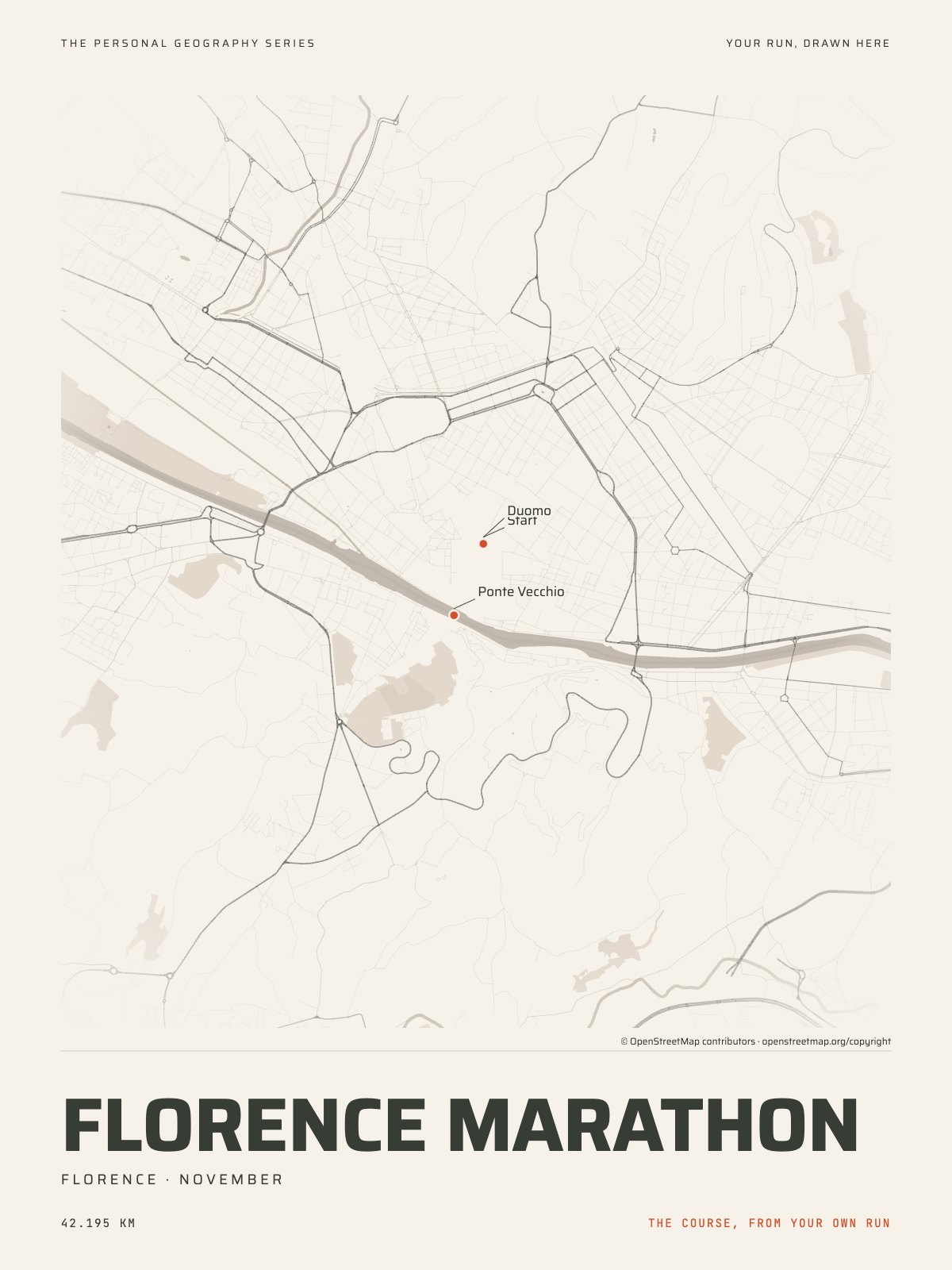 The streets of Florence with the start, the finish and the landmarks of the Florence Marathon, on the print’s paper