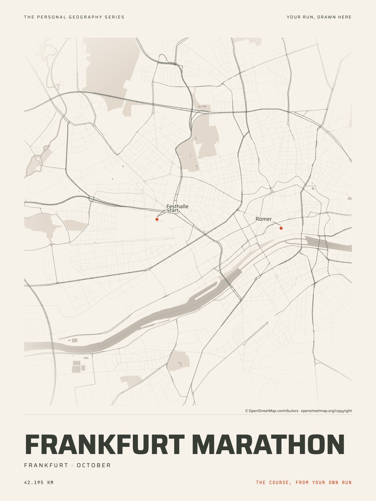 The streets of Frankfurt with the start, the finish and the landmarks of the Frankfurt Marathon, on the print’s paper