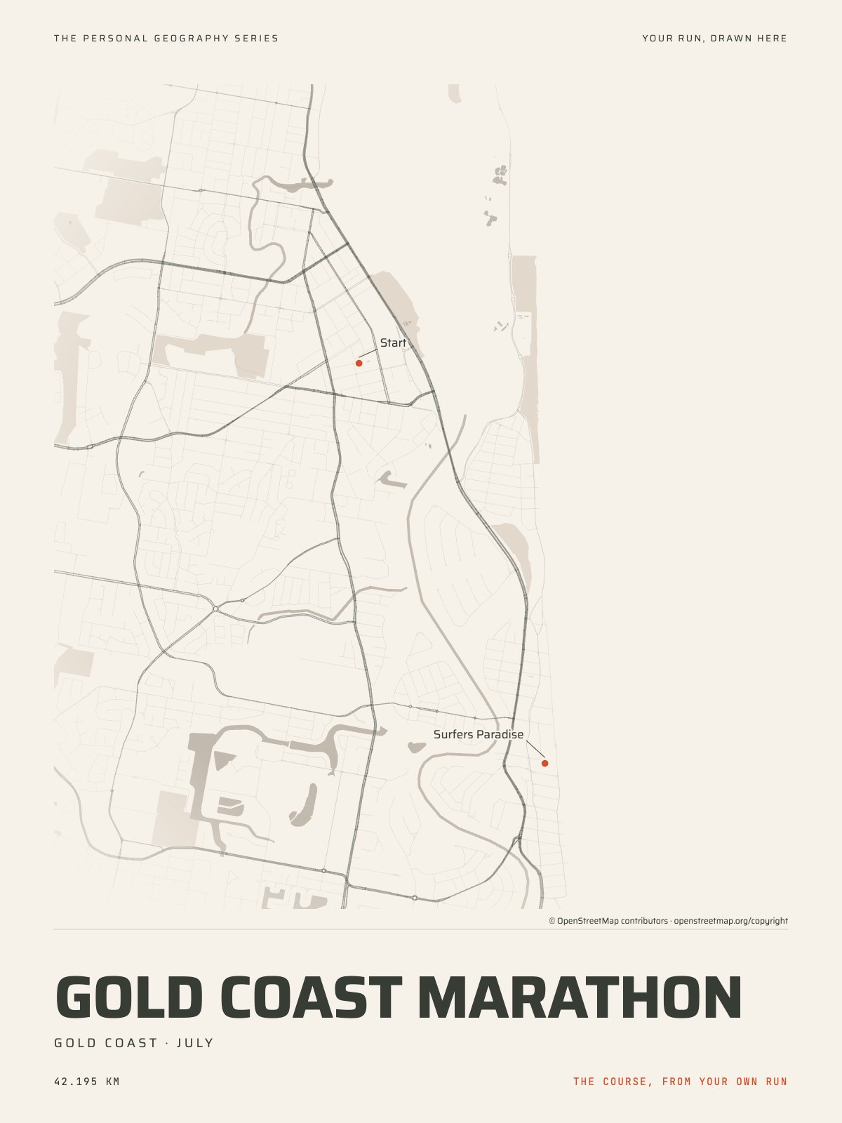 The streets of Gold Coast with the start, the finish and the landmarks of the Gold Coast Marathon, on the print’s paper