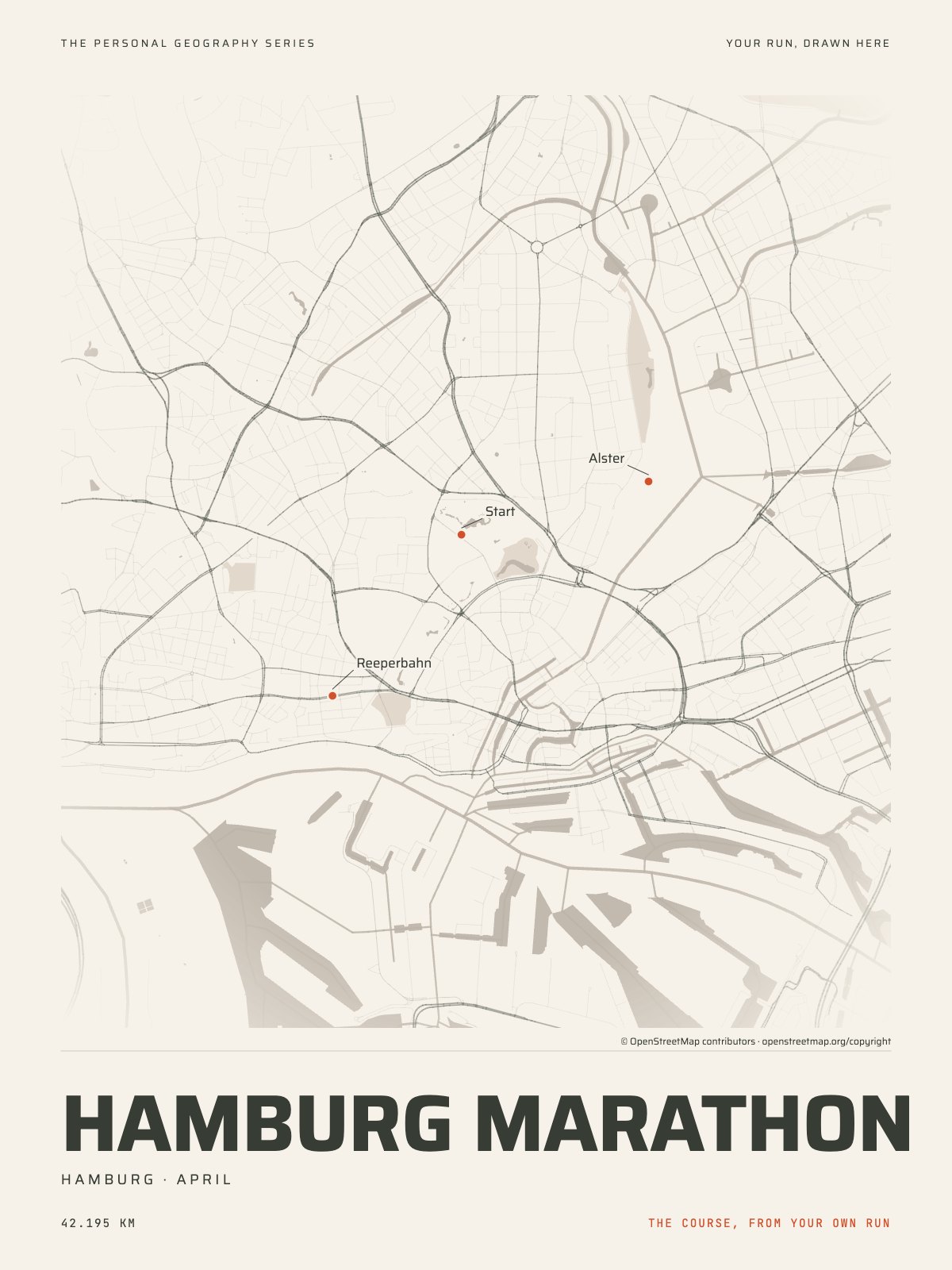 The streets of Hamburg with the start, the finish and the landmarks of the Hamburg Marathon, on the print’s paper