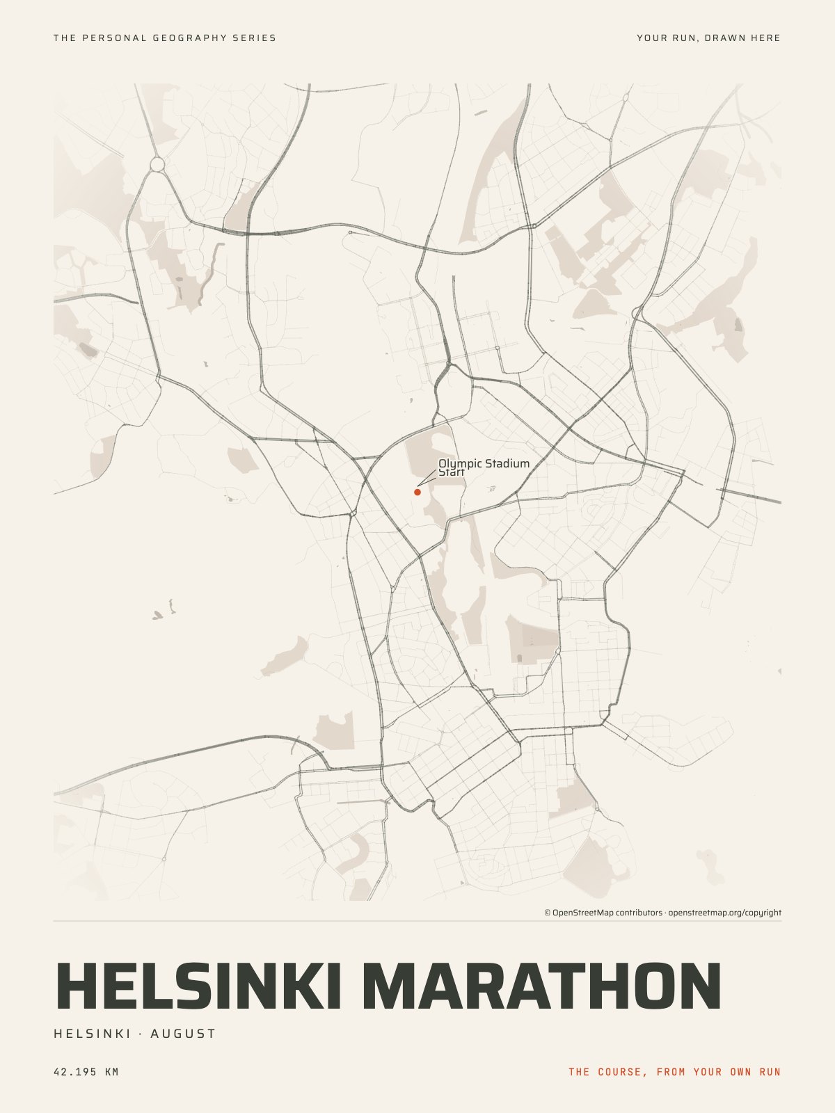 The streets of Helsinki with the start, the finish and the landmarks of the Helsinki Marathon, on the print’s paper