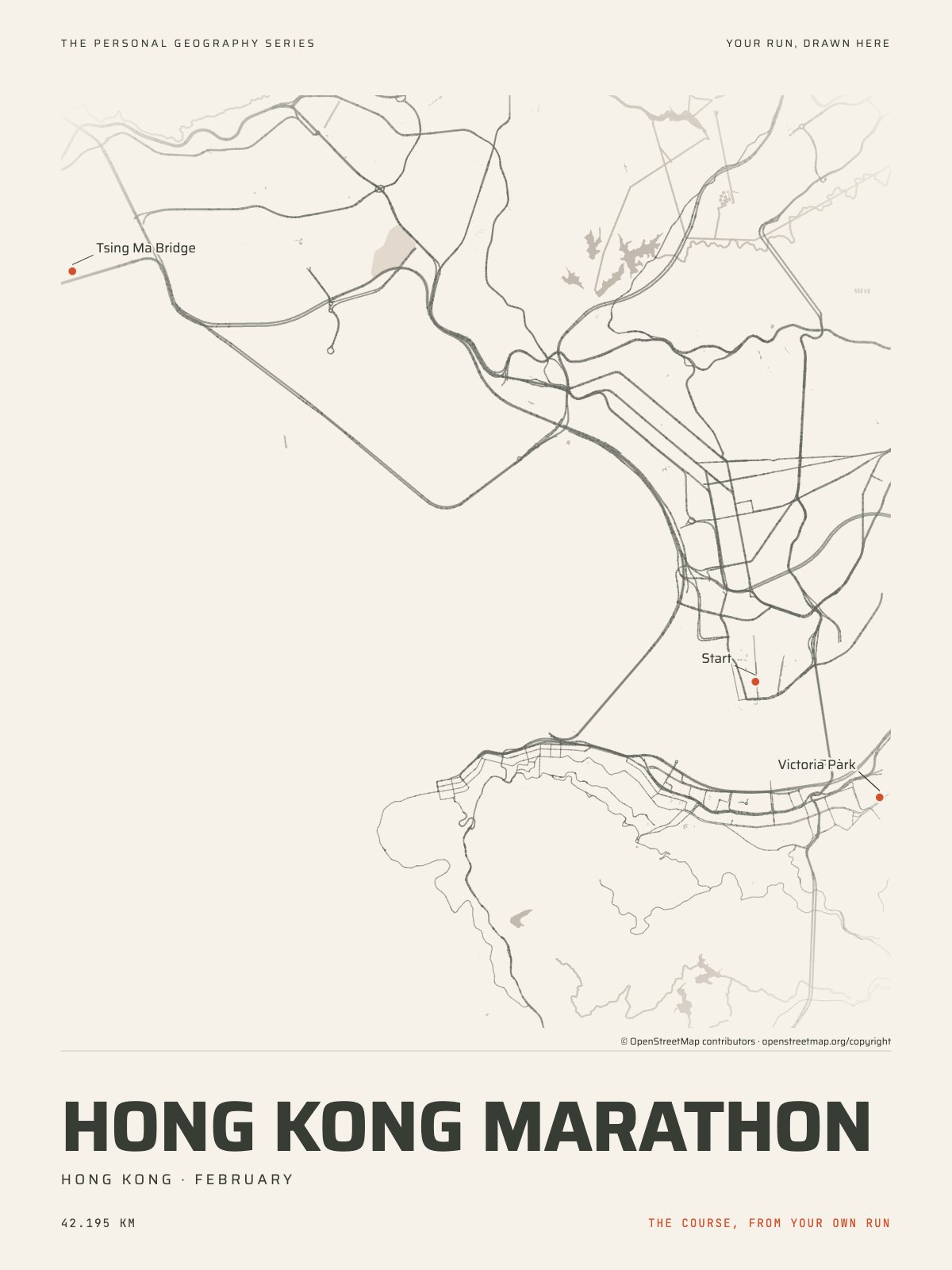 The streets of Hong Kong with the start, the finish and the landmarks of the Hong Kong Marathon, on the print’s paper