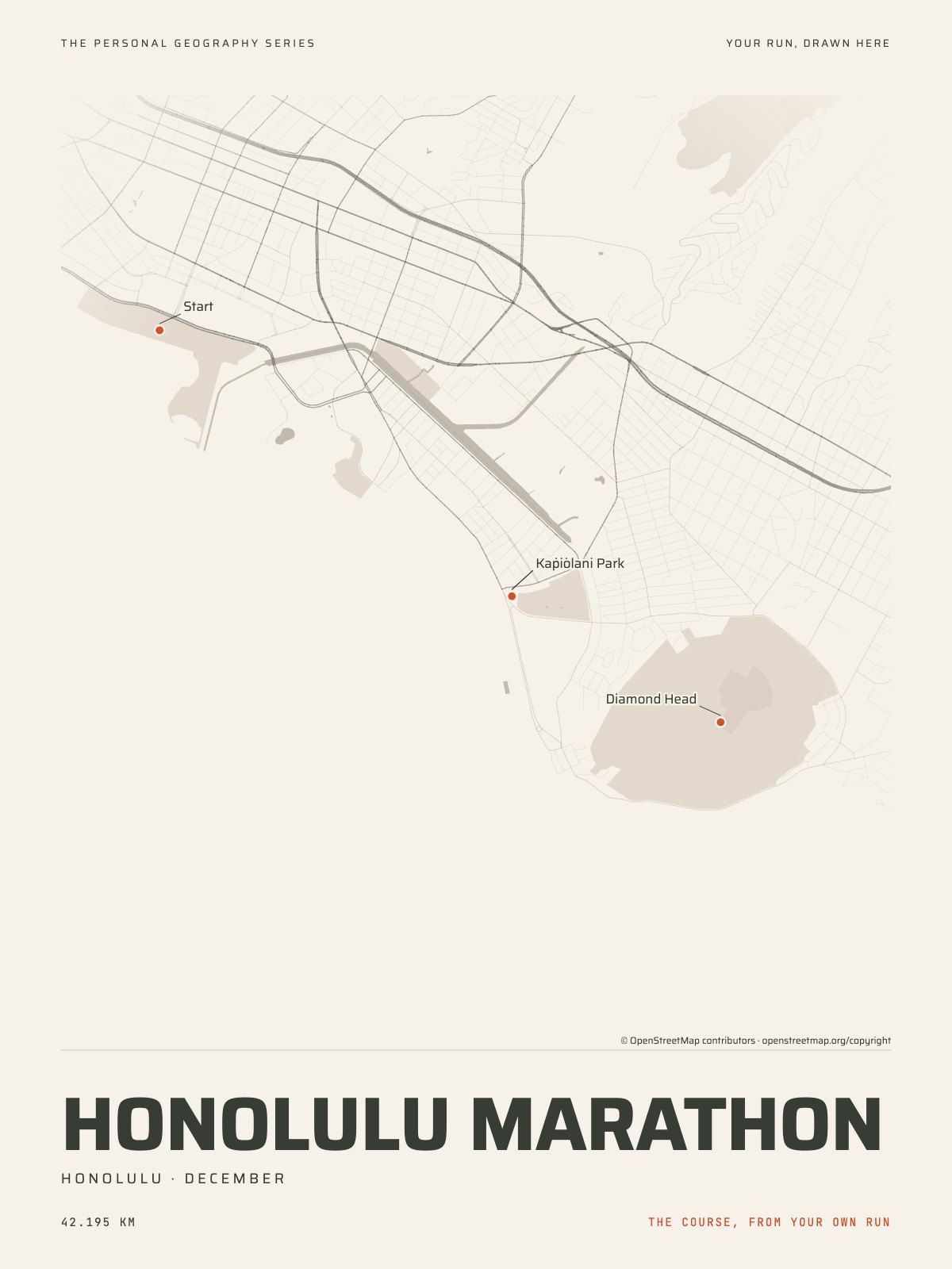 The streets of Honolulu with the start, the finish and the landmarks of the Honolulu Marathon, on the print’s paper