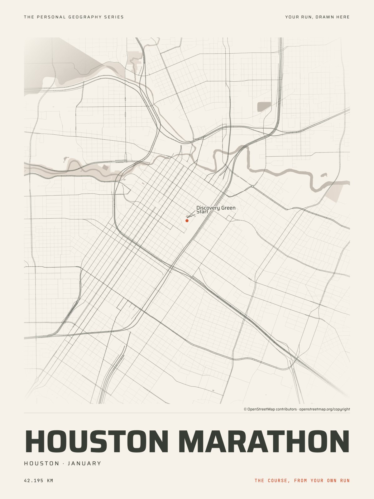 The streets of Houston with the start, the finish and the landmarks of the Houston Marathon, on the print’s paper