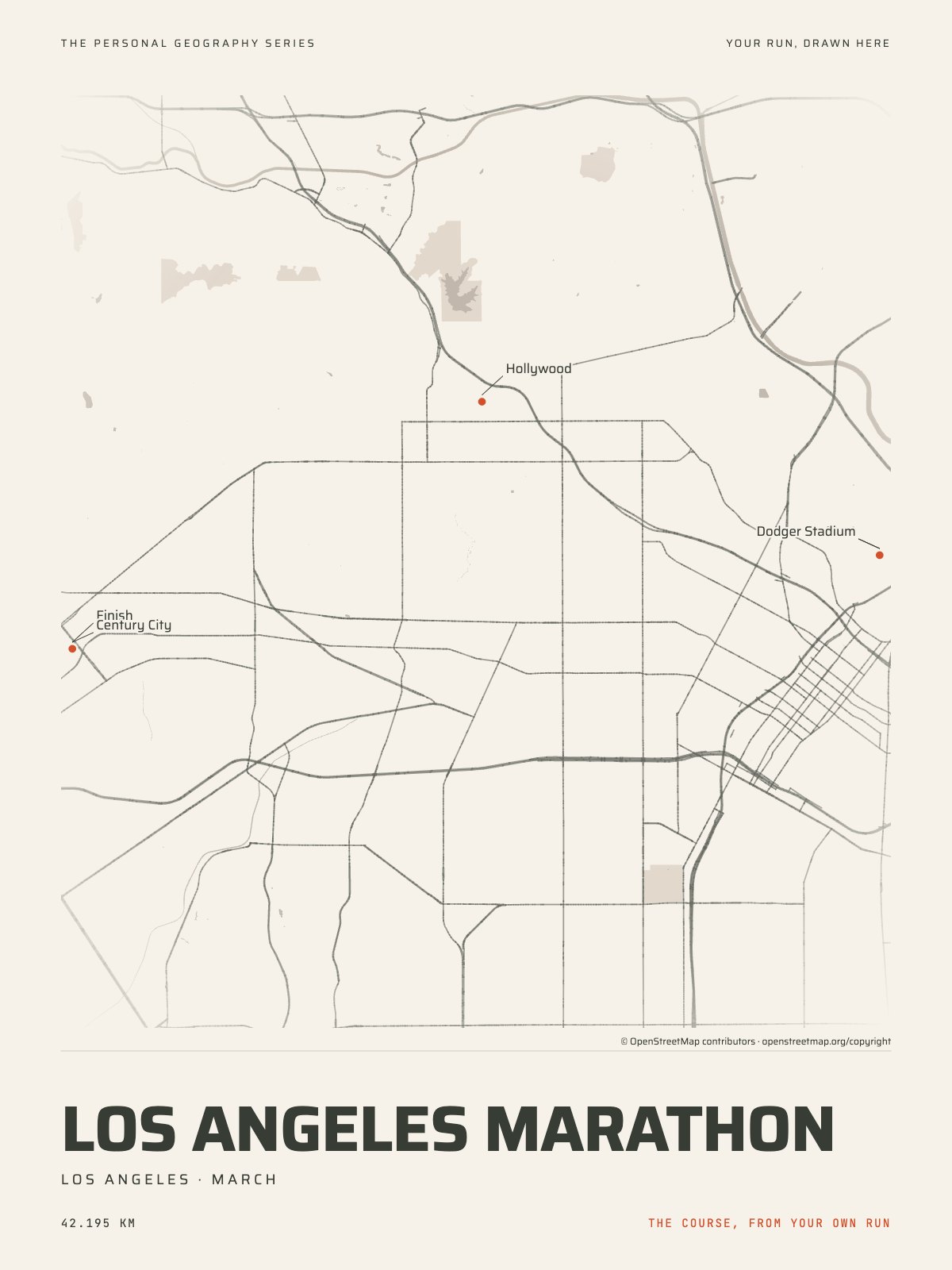 The streets of Los Angeles with the start, the finish and the landmarks of the Los Angeles Marathon, on the print’s paper