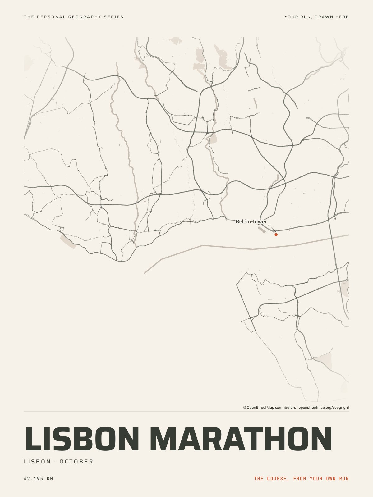 The streets of Lisbon with the start, the finish and the landmarks of the Lisbon Marathon, on the print’s paper