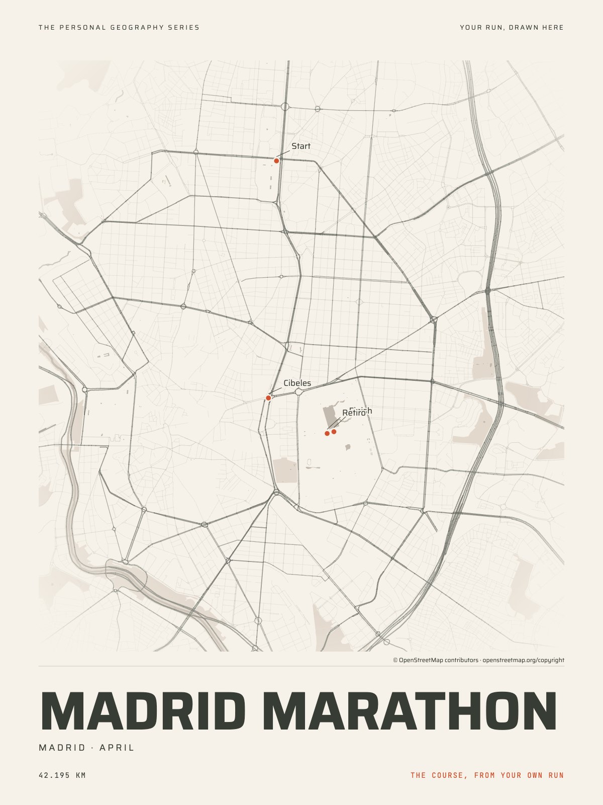 The streets of Madrid with the start, the finish and the landmarks of the Madrid Marathon, on the print’s paper