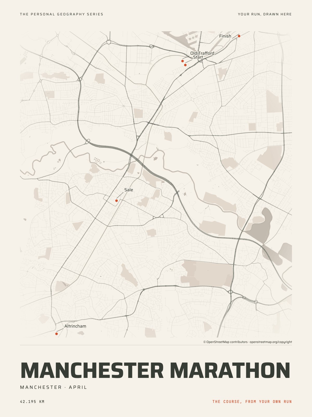 The streets of Manchester with the start, the finish and the landmarks of the Manchester Marathon, on the print’s paper