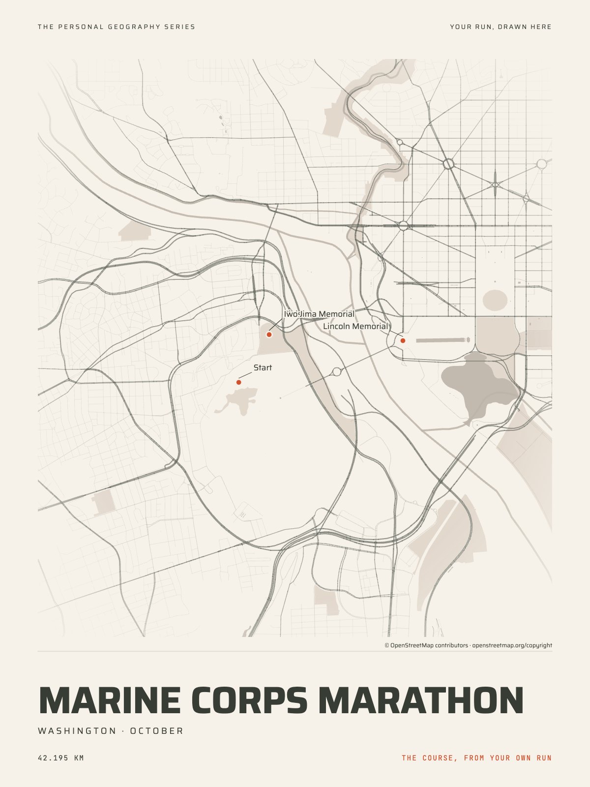 The streets of Washington with the start, the finish and the landmarks of the Marine Corps Marathon, on the print’s paper