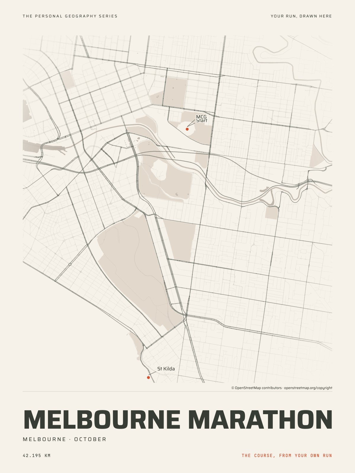 The streets of Melbourne with the start, the finish and the landmarks of the Melbourne Marathon, on the print’s paper