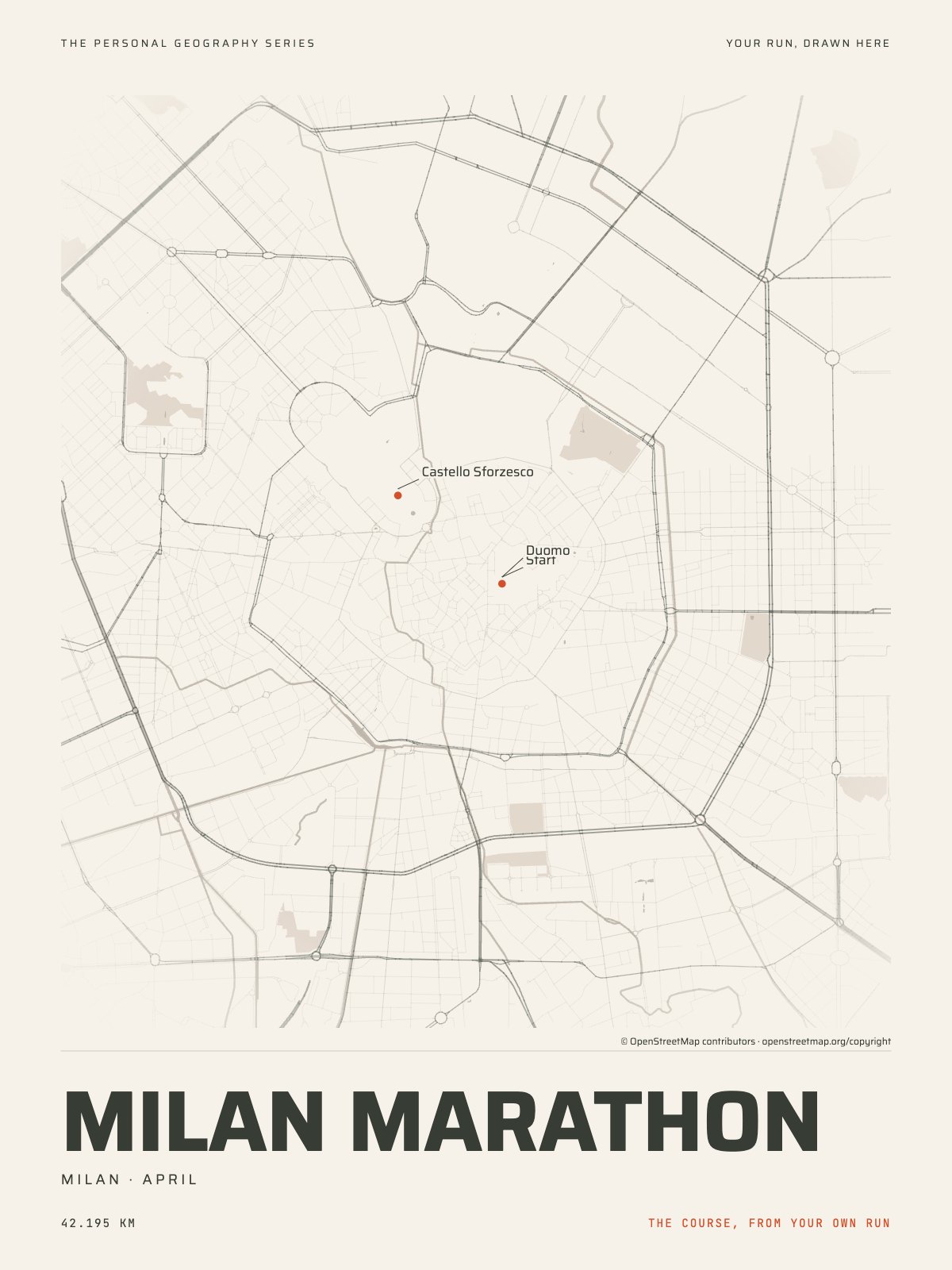 The streets of Milan with the start, the finish and the landmarks of the Milan Marathon, on the print’s paper