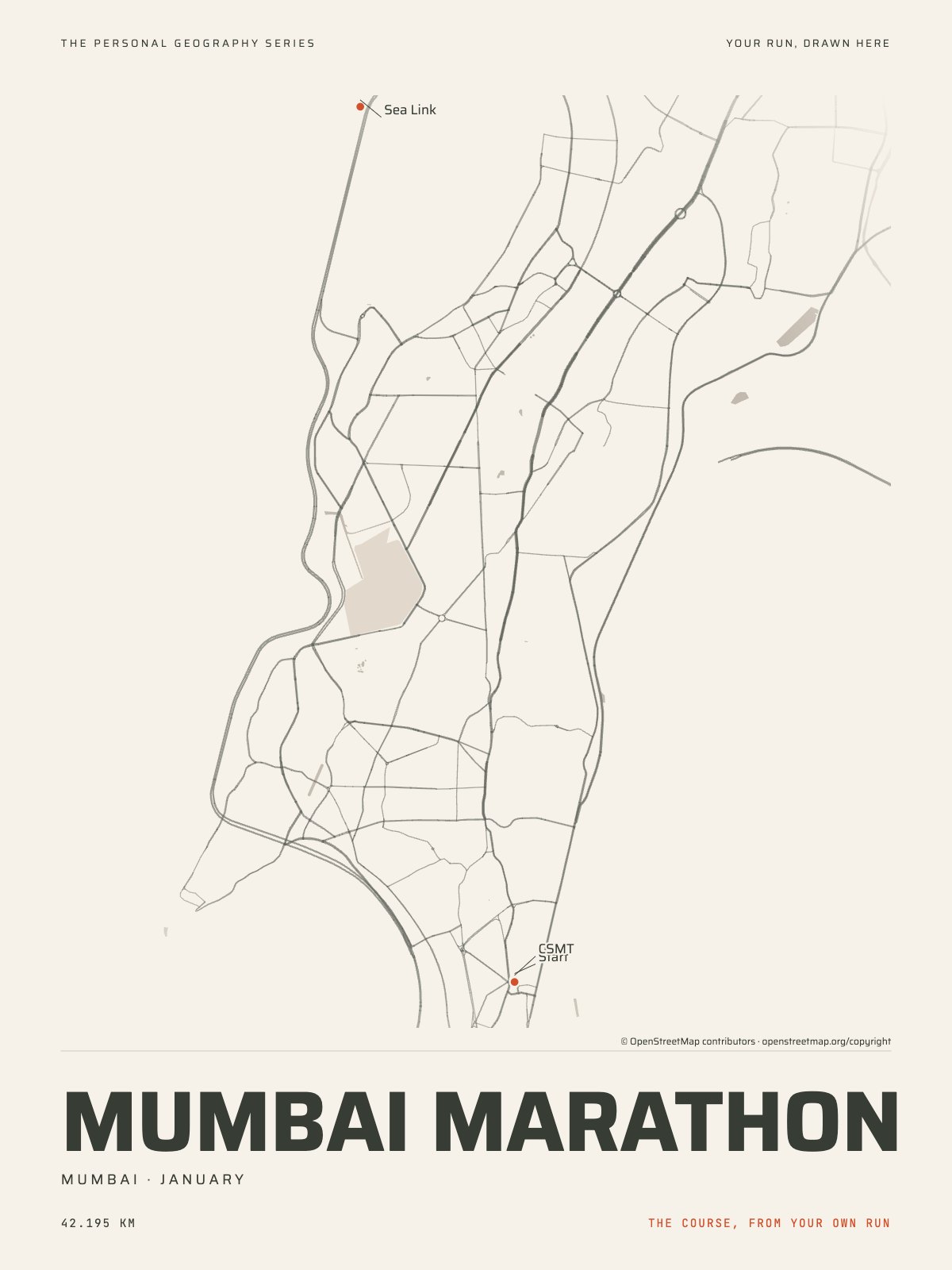 The streets of Mumbai with the start, the finish and the landmarks of the Mumbai Marathon, on the print’s paper