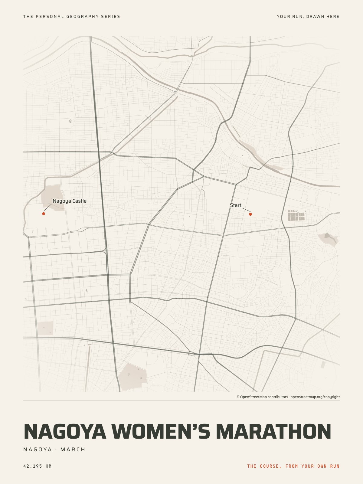 The streets of Nagoya with the start, the finish and the landmarks of the Nagoya Women’s Marathon, on the print’s paper