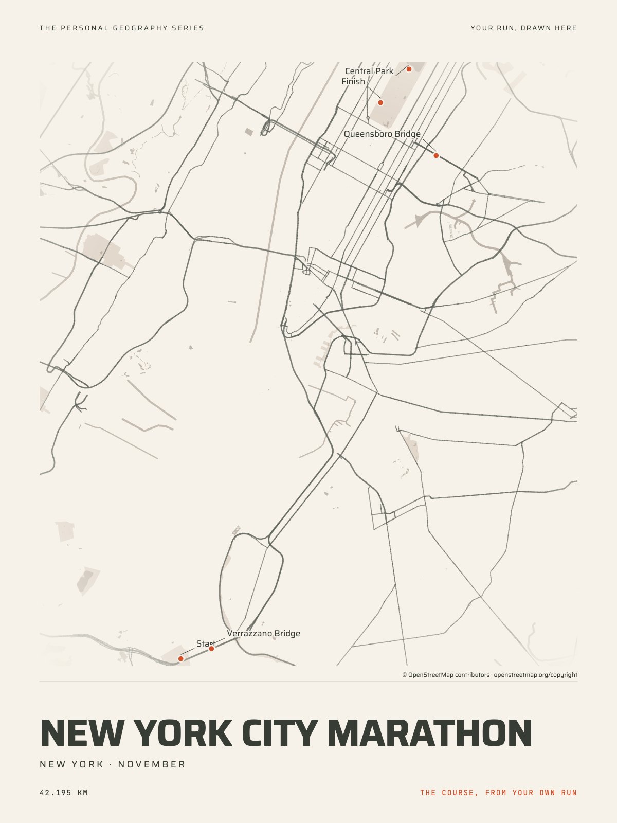 The streets of New York with the start, the finish and the landmarks of the New York City Marathon, on the print’s paper