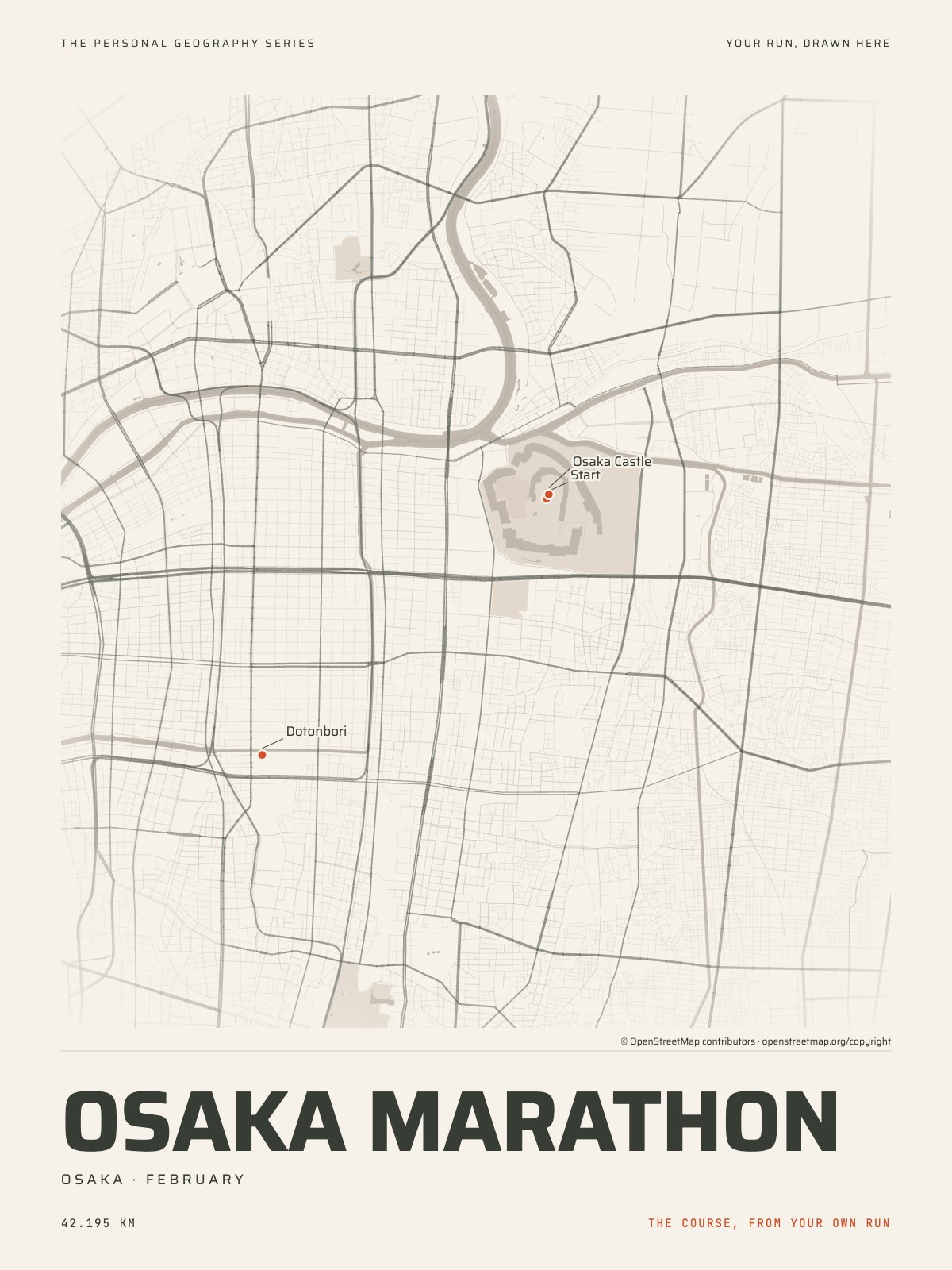 The streets of Osaka with the start, the finish and the landmarks of the Osaka Marathon, on the print’s paper