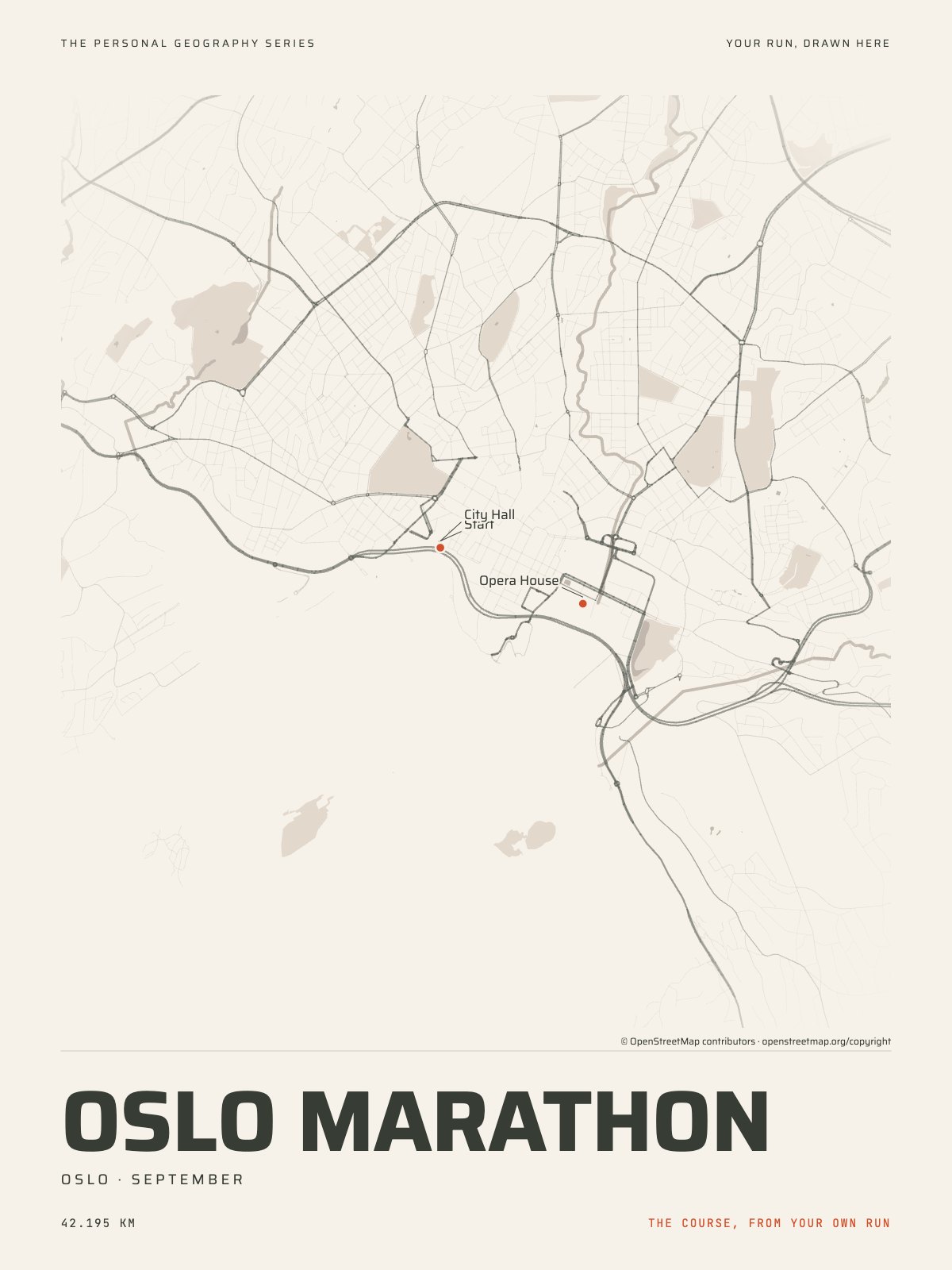 The streets of Oslo with the start, the finish and the landmarks of the Oslo Marathon, on the print’s paper