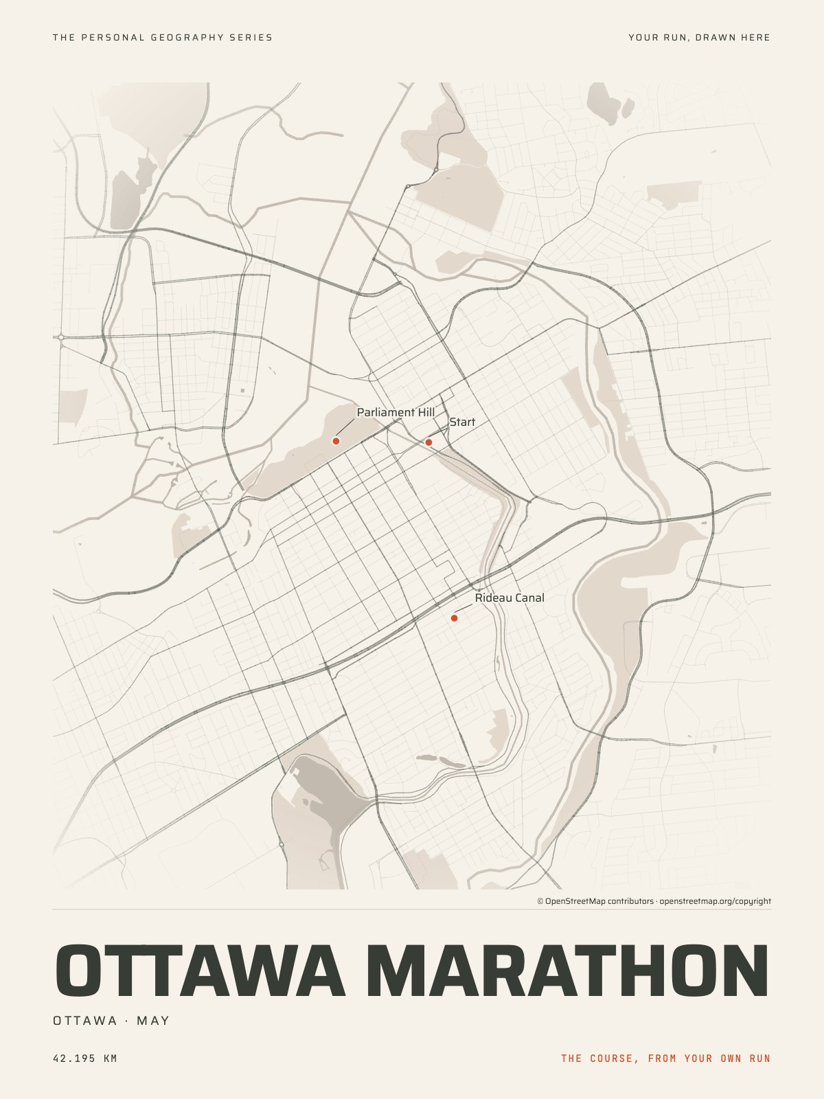 The streets of Ottawa with the start, the finish and the landmarks of the Ottawa Marathon, on the print’s paper