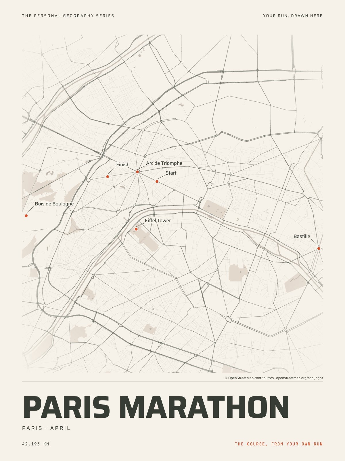 The streets of Paris with the start, the finish and the landmarks of the Paris Marathon, on the print’s paper