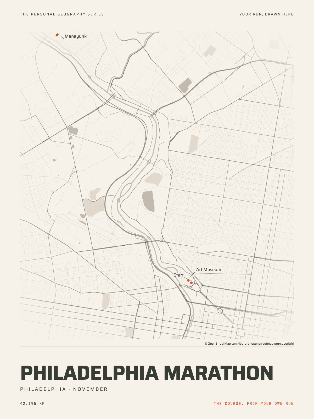 The streets of Philadelphia with the start, the finish and the landmarks of the Philadelphia Marathon, on the print’s paper