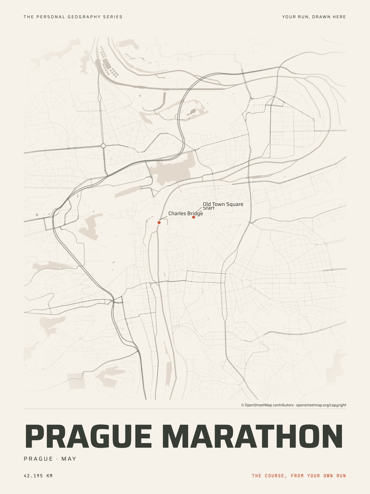 The streets of Prague with the start, the finish and the landmarks of the Prague Marathon, on the print’s paper