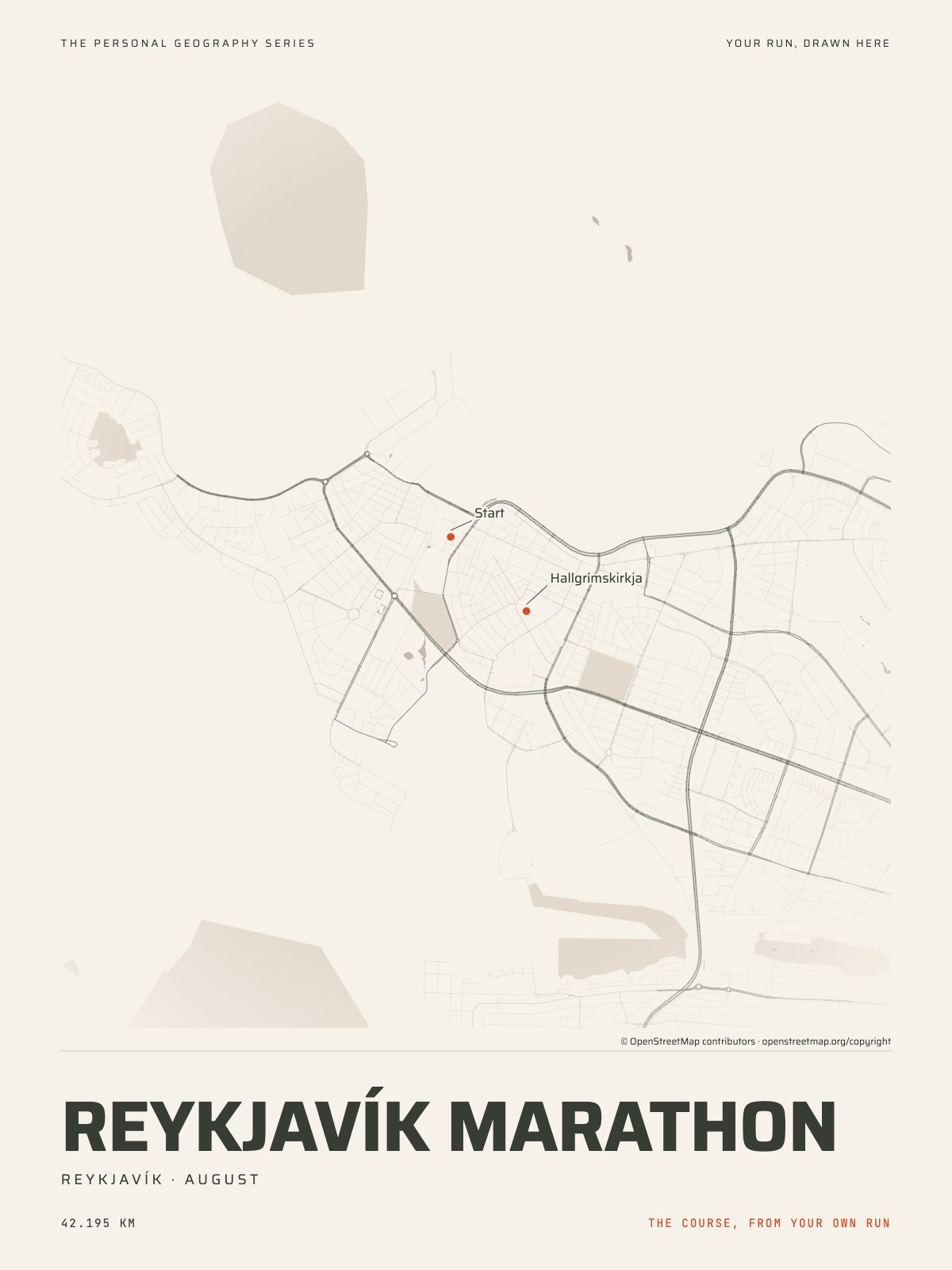 The streets of Reykjavík with the start, the finish and the landmarks of the Reykjavík Marathon, on the print’s paper