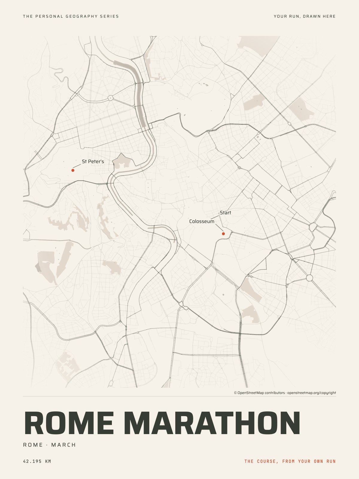 The streets of Rome with the start, the finish and the landmarks of the Rome Marathon, on the print’s paper