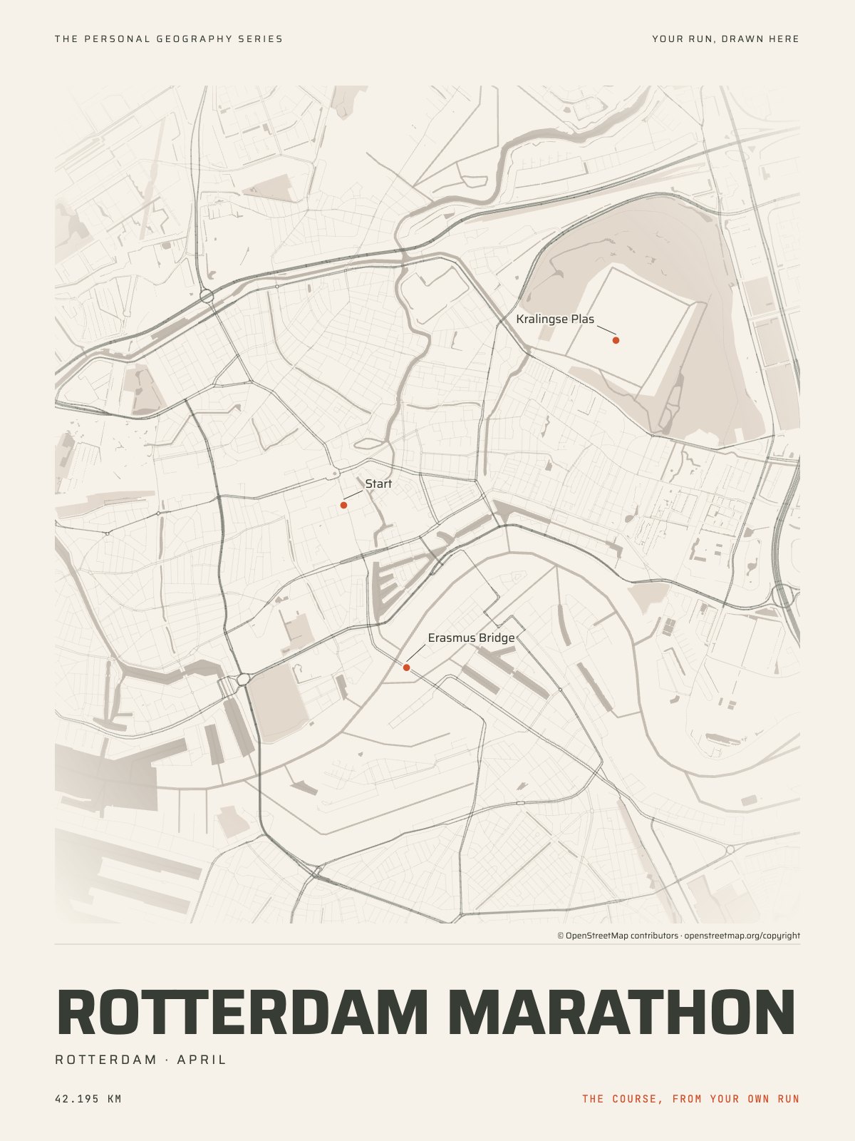 The streets of Rotterdam with the start, the finish and the landmarks of the Rotterdam Marathon, on the print’s paper