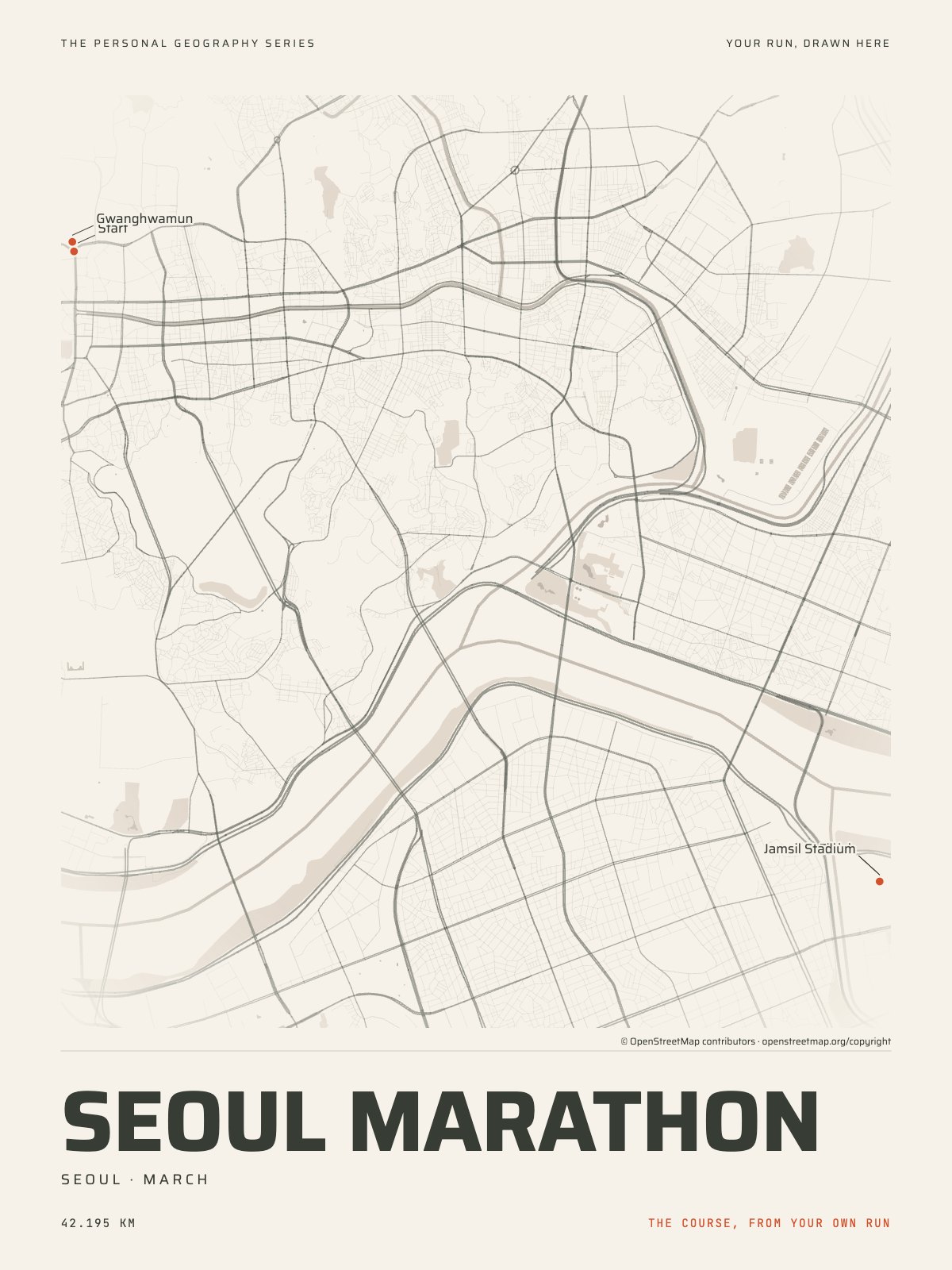 The streets of Seoul with the start, the finish and the landmarks of the Seoul Marathon, on the print’s paper
