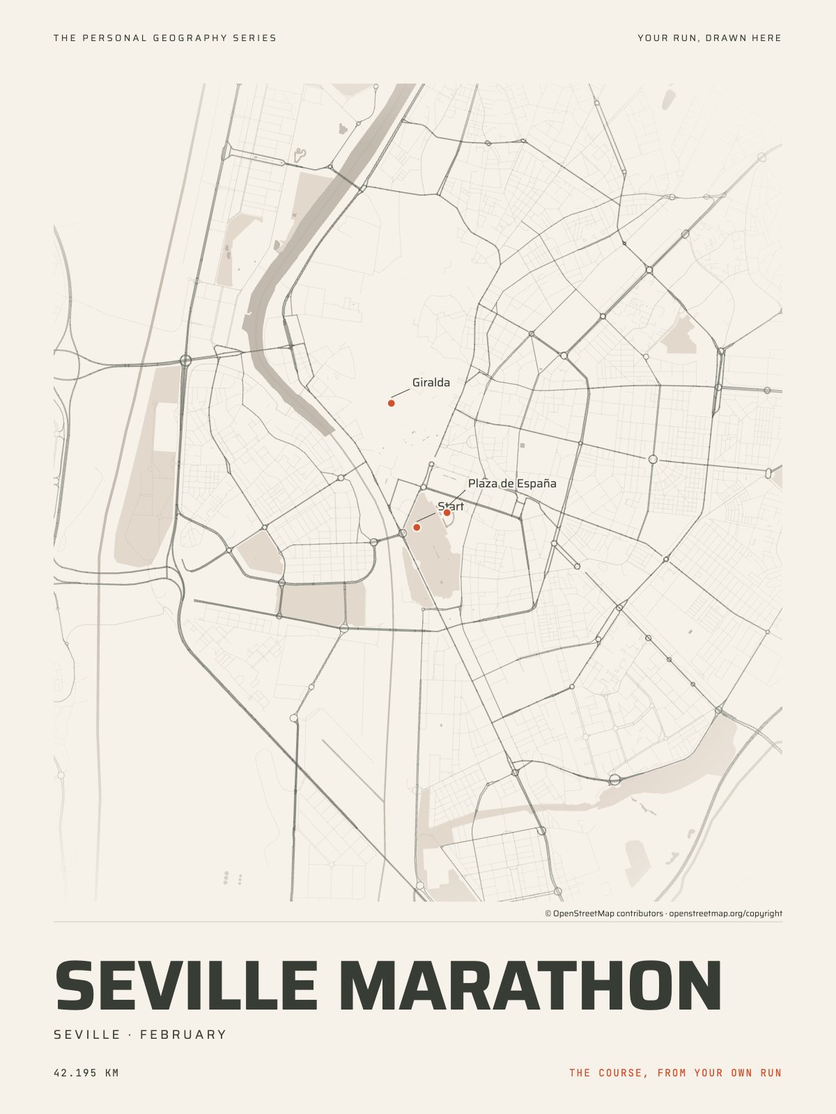 The streets of Seville with the start, the finish and the landmarks of the Seville Marathon, on the print’s paper