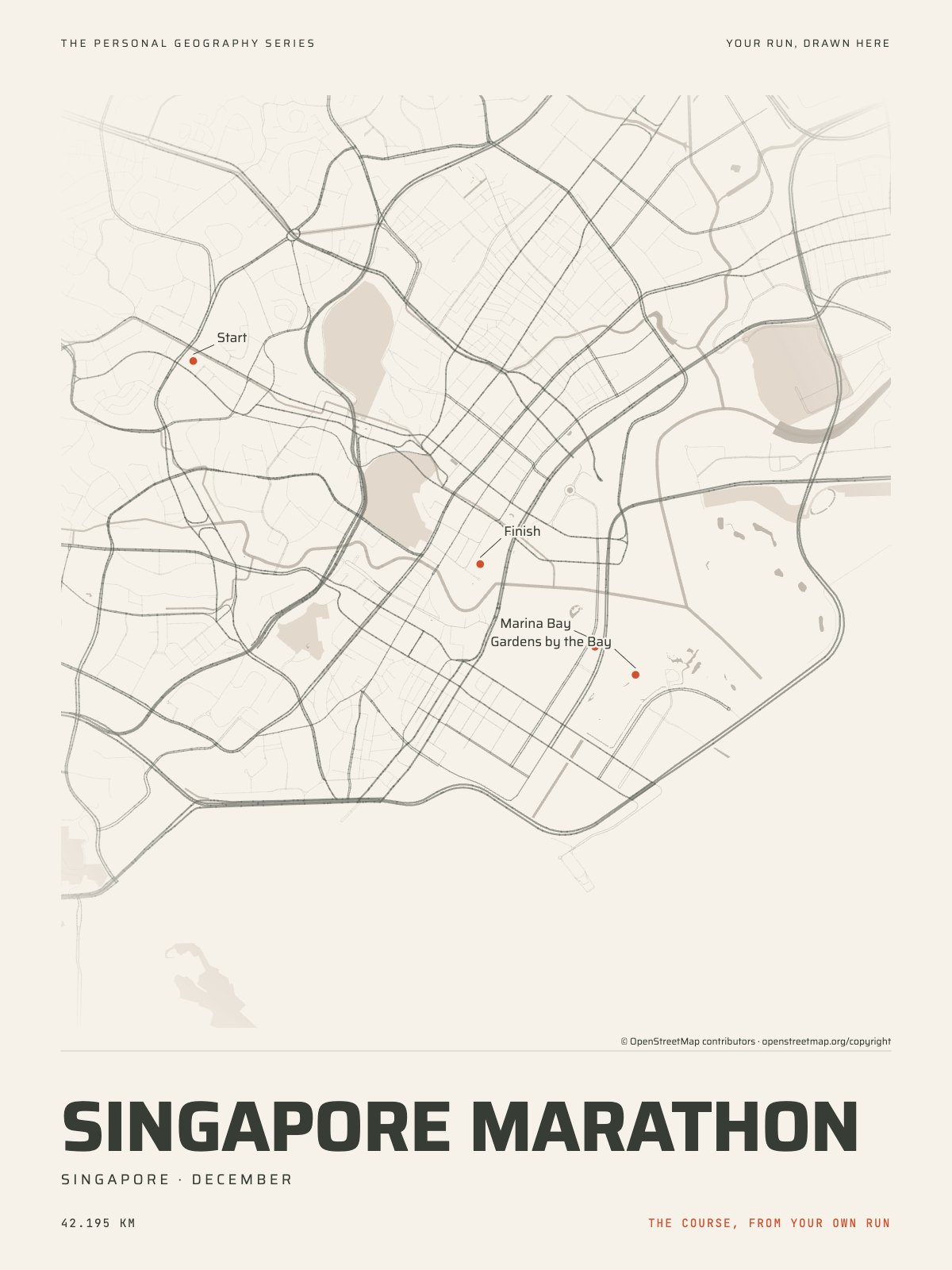 The streets of Singapore with the start, the finish and the landmarks of the Singapore Marathon, on the print’s paper