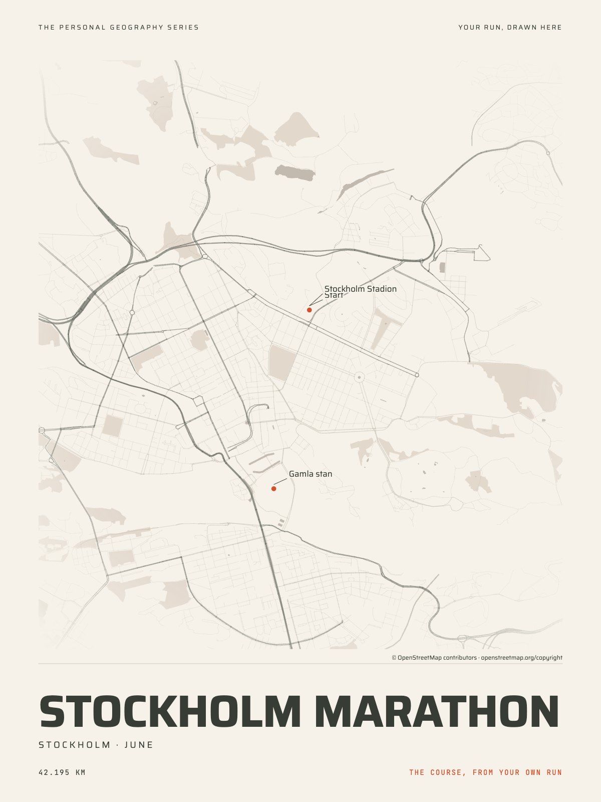 The streets of Stockholm with the start, the finish and the landmarks of the Stockholm Marathon, on the print’s paper
