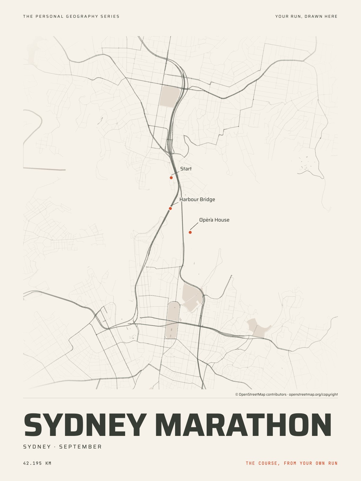 The streets of Sydney with the start, the finish and the landmarks of the Sydney Marathon, on the print’s paper