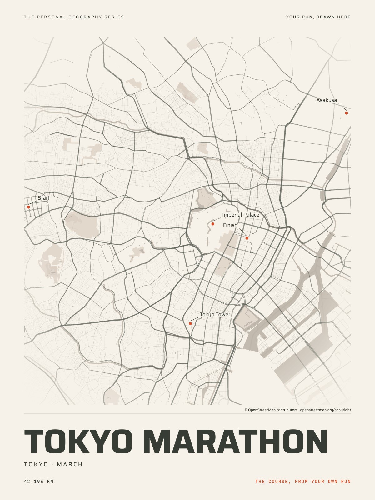 The streets of Tokyo with the start, the finish and the landmarks of the Tokyo Marathon, on the print’s paper