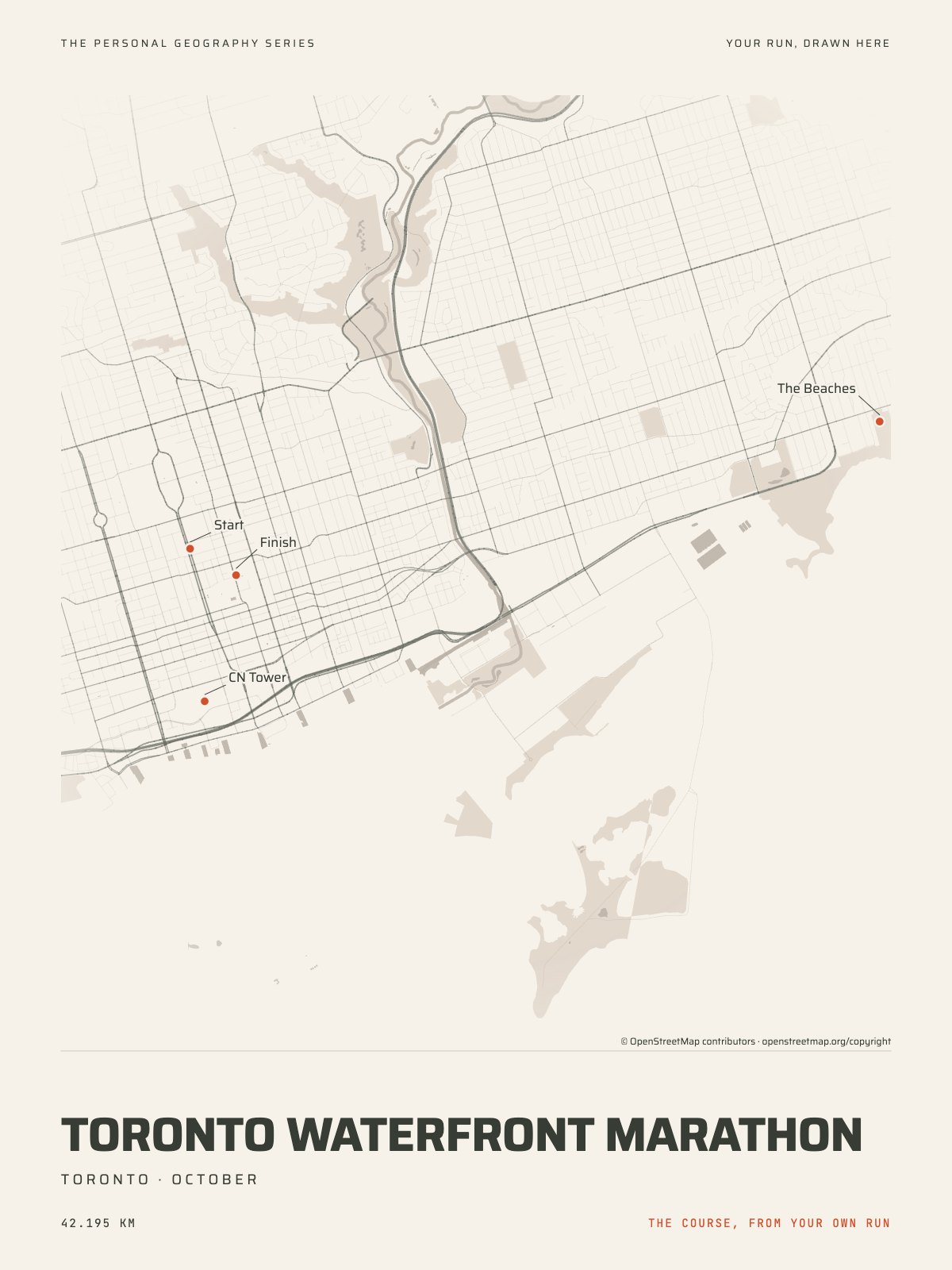 The streets of Toronto with the start, the finish and the landmarks of the Toronto Waterfront Marathon, on the print’s paper