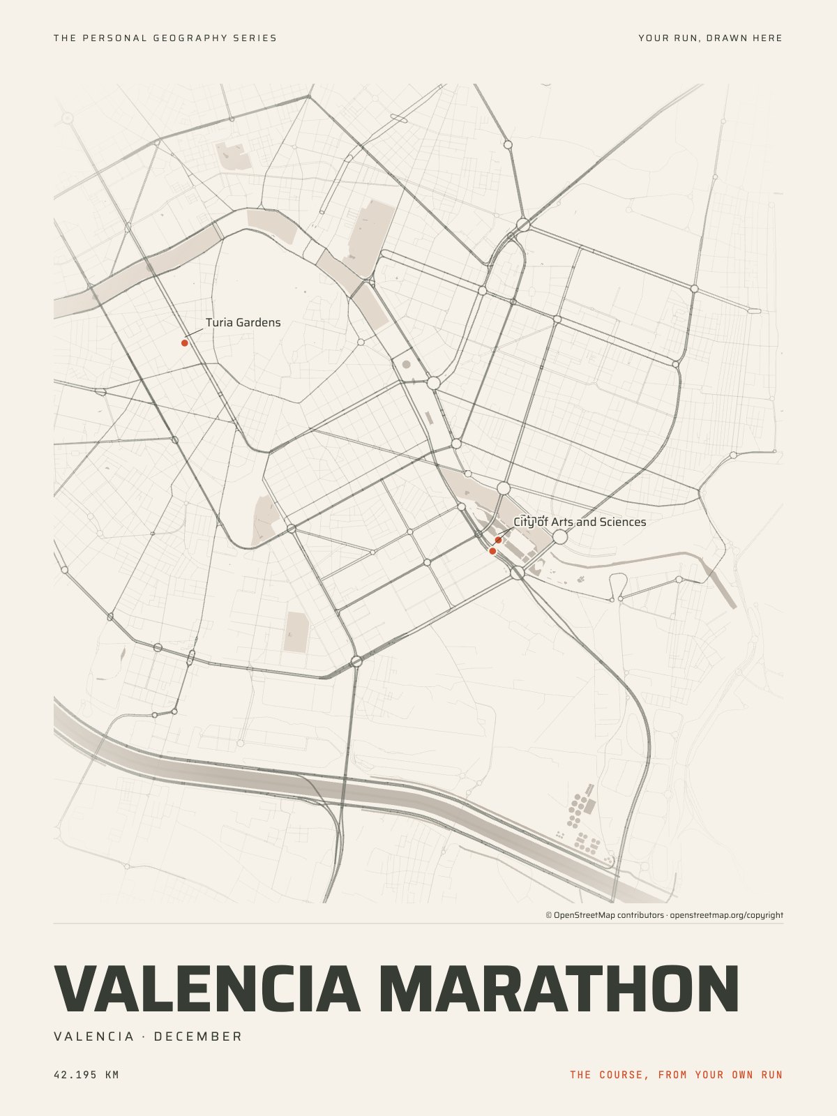 The streets of Valencia with the start, the finish and the landmarks of the Valencia Marathon, on the print’s paper