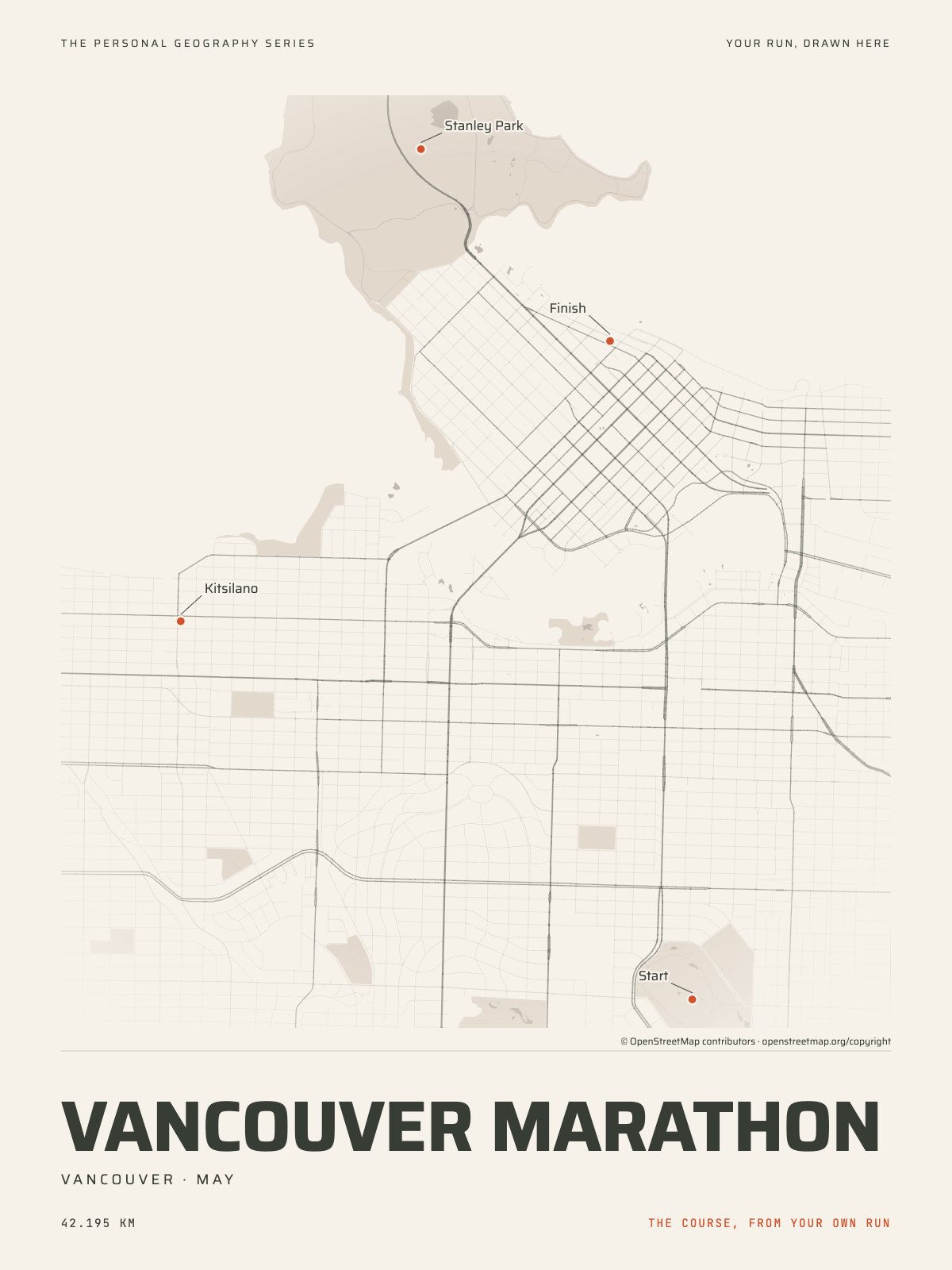 The streets of Vancouver with the start, the finish and the landmarks of the Vancouver Marathon, on the print’s paper