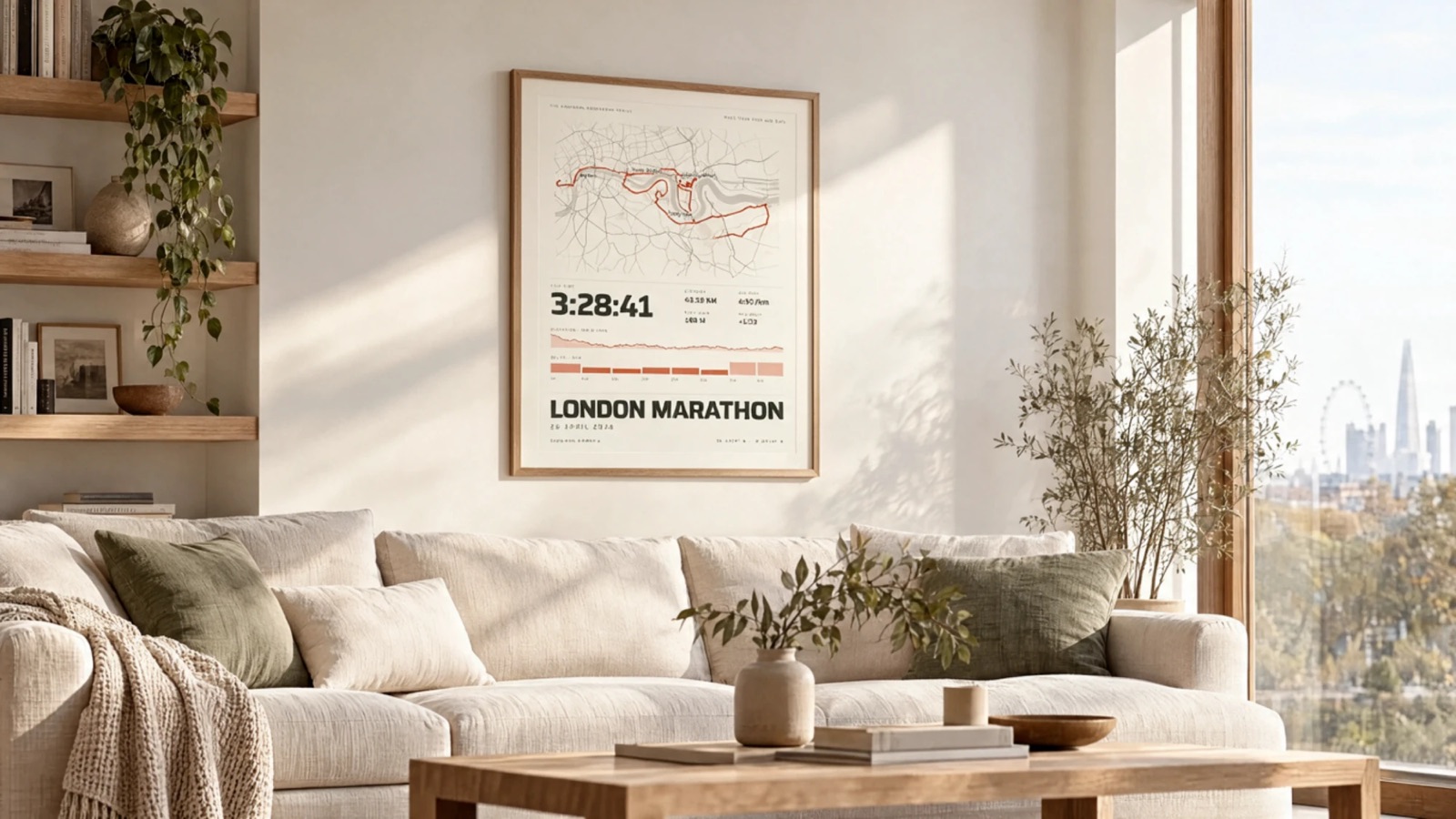 The Marathon Print for the London Marathon, framed in oak on a living-room wall above a linen sofa