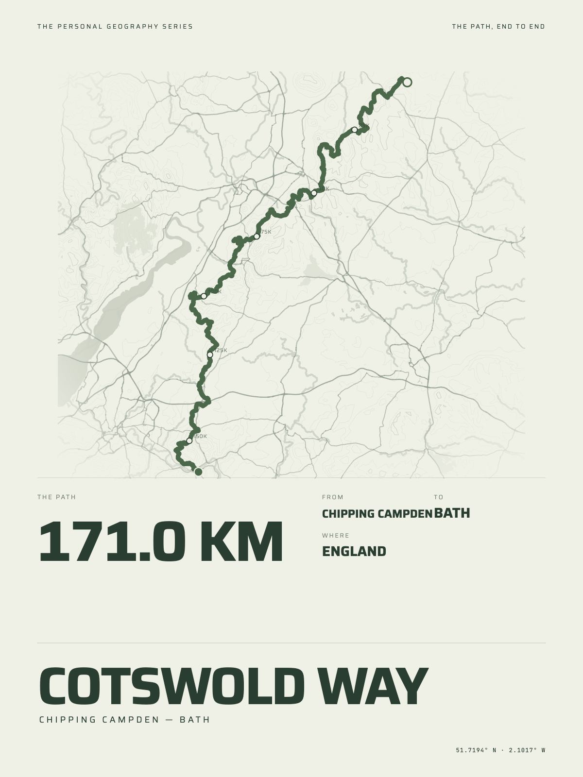 The Cotswold Way printed end to end across England, chipping campden to bath, on the map it crosses