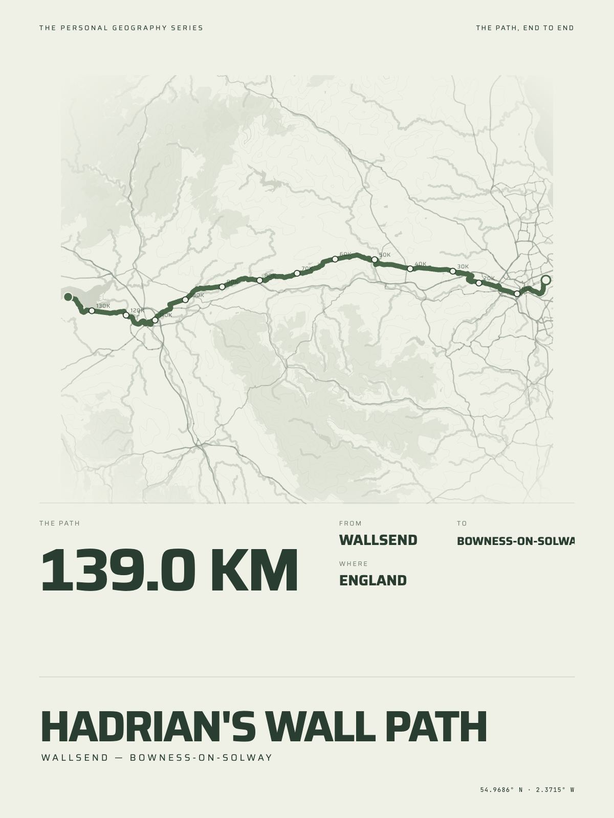 The Hadrian's Wall Path printed end to end across England, wallsend to bowness-on-solway, on the map it crosses