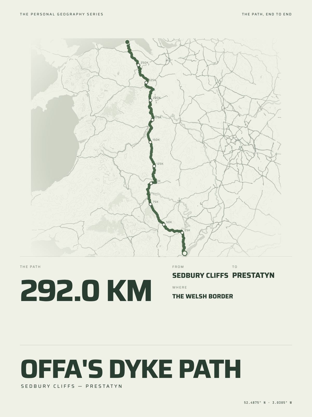 The Offa's Dyke Path printed end to end across The Welsh border, sedbury cliffs to prestatyn, on the map it crosses