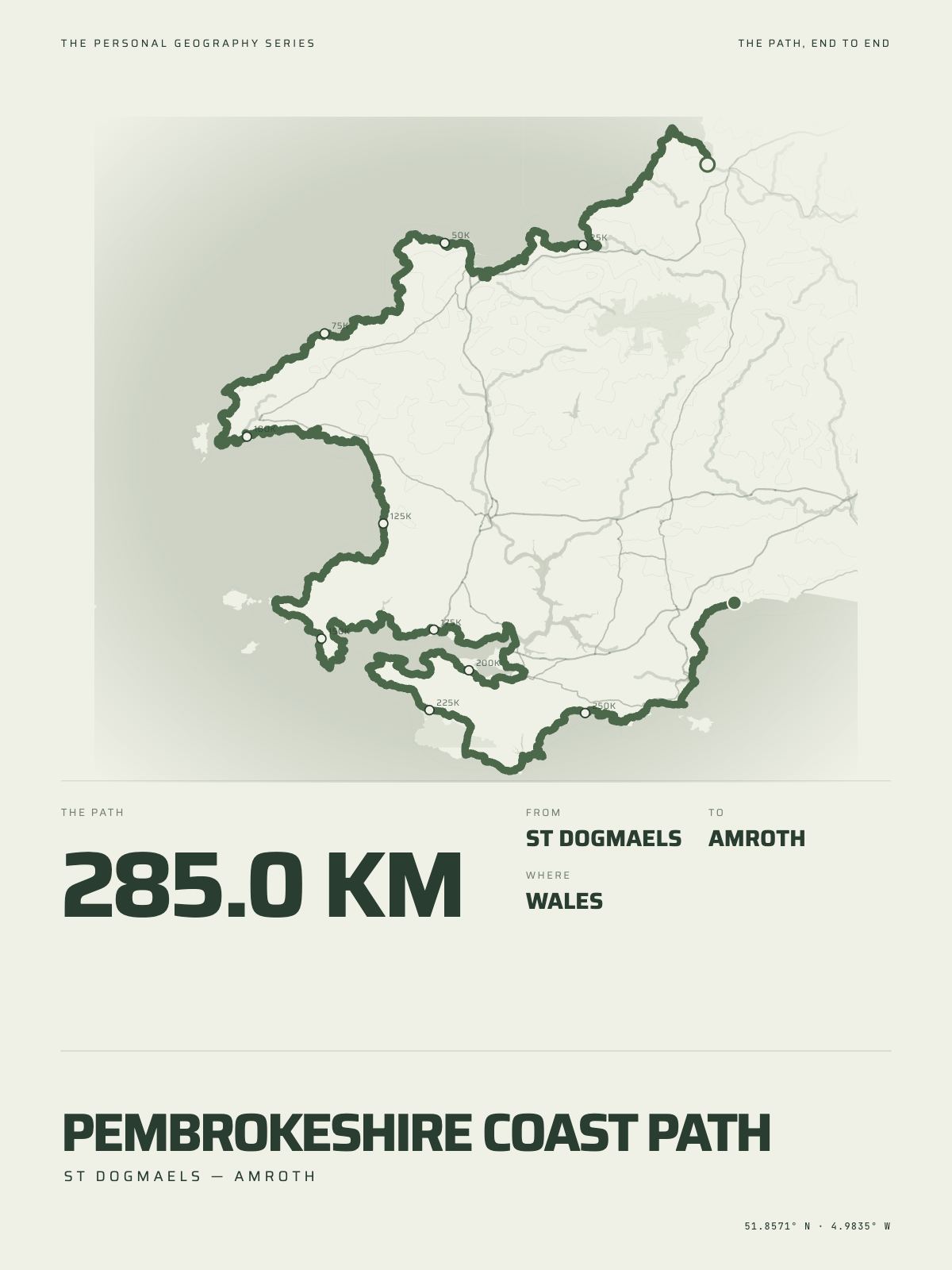 The Pembrokeshire Coast Path printed end to end across Wales, st dogmaels to amroth, on the map it crosses