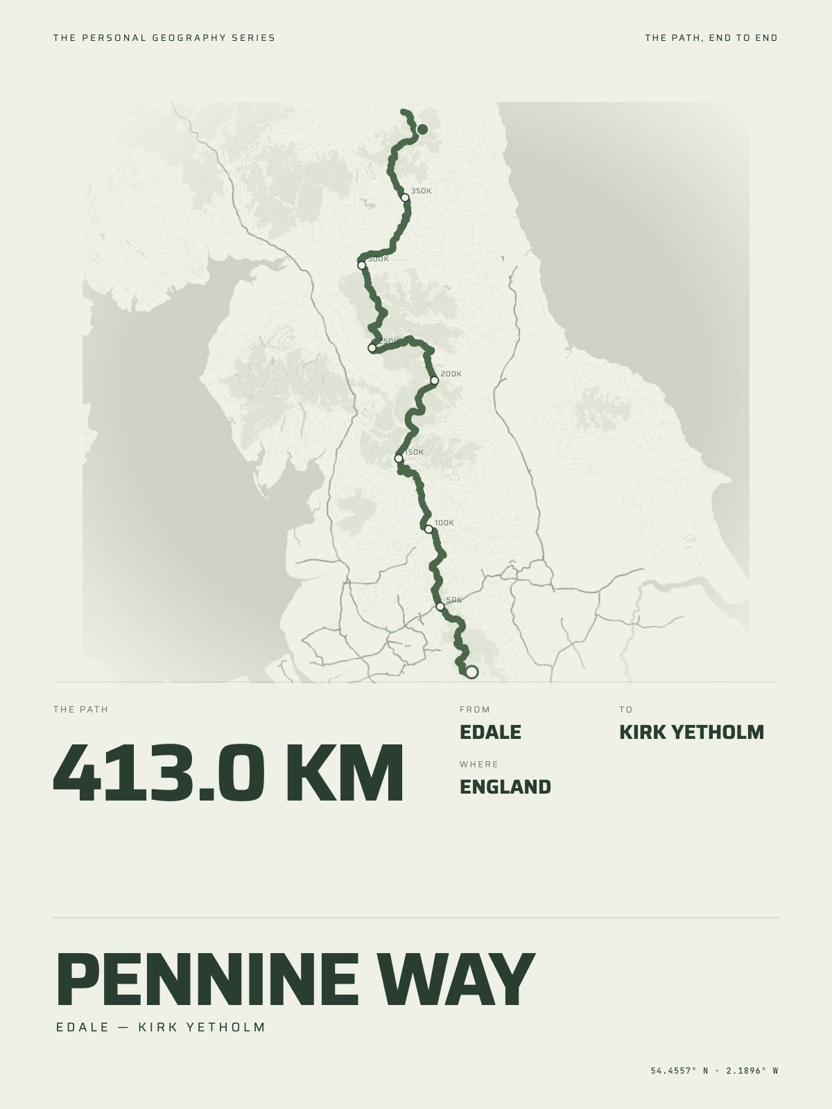 The Pennine Way printed end to end across England, edale to kirk yetholm, on the map it crosses